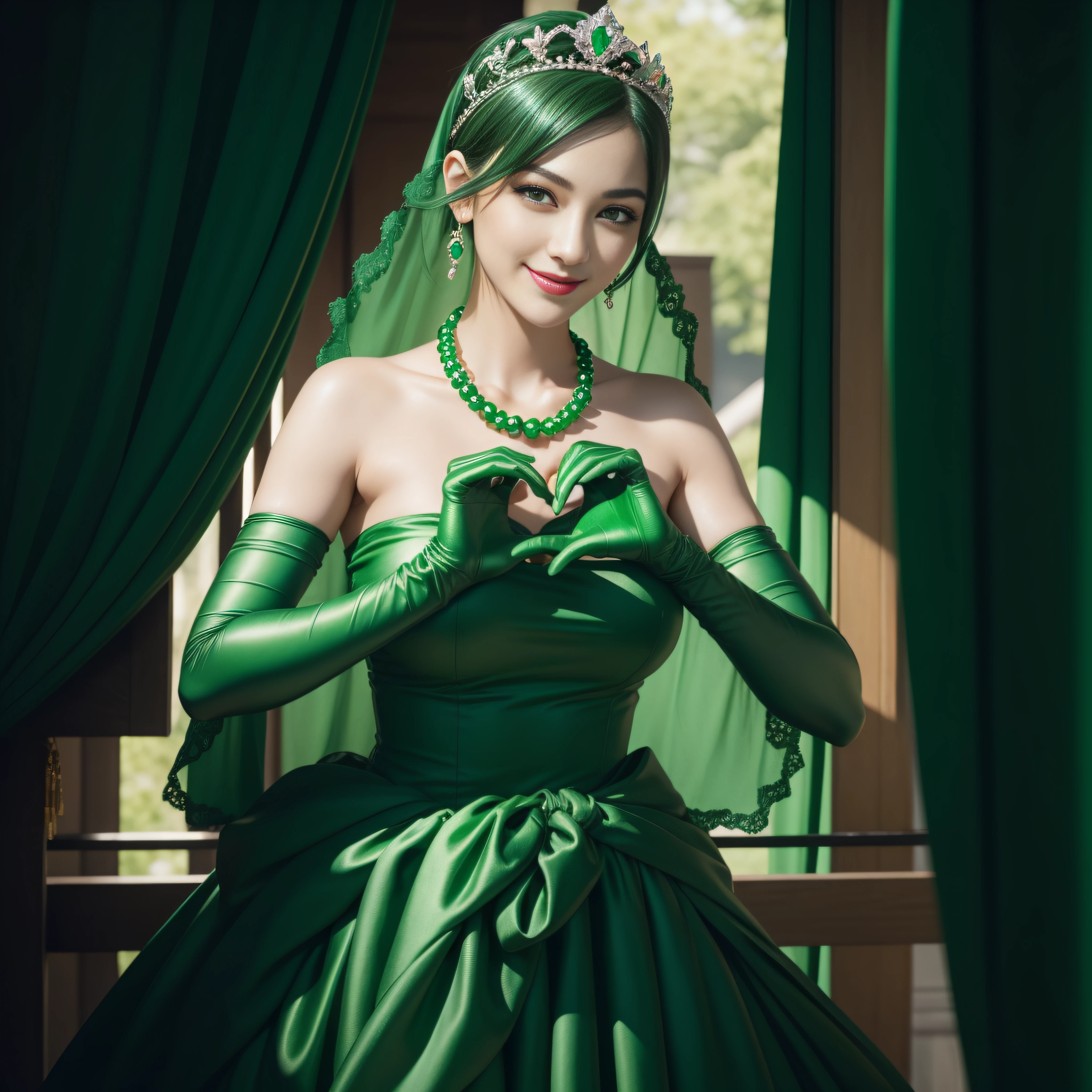 emerald tiara, Green Pearl Necklace, Boyish very short black hair, lipsticks, Japan woman smiling, very short short hair,  big breasts beautiful, Green eyes, Long green gloves made of satin material, Green eyes, Emerald Earrings, green vale, Heart with both hands