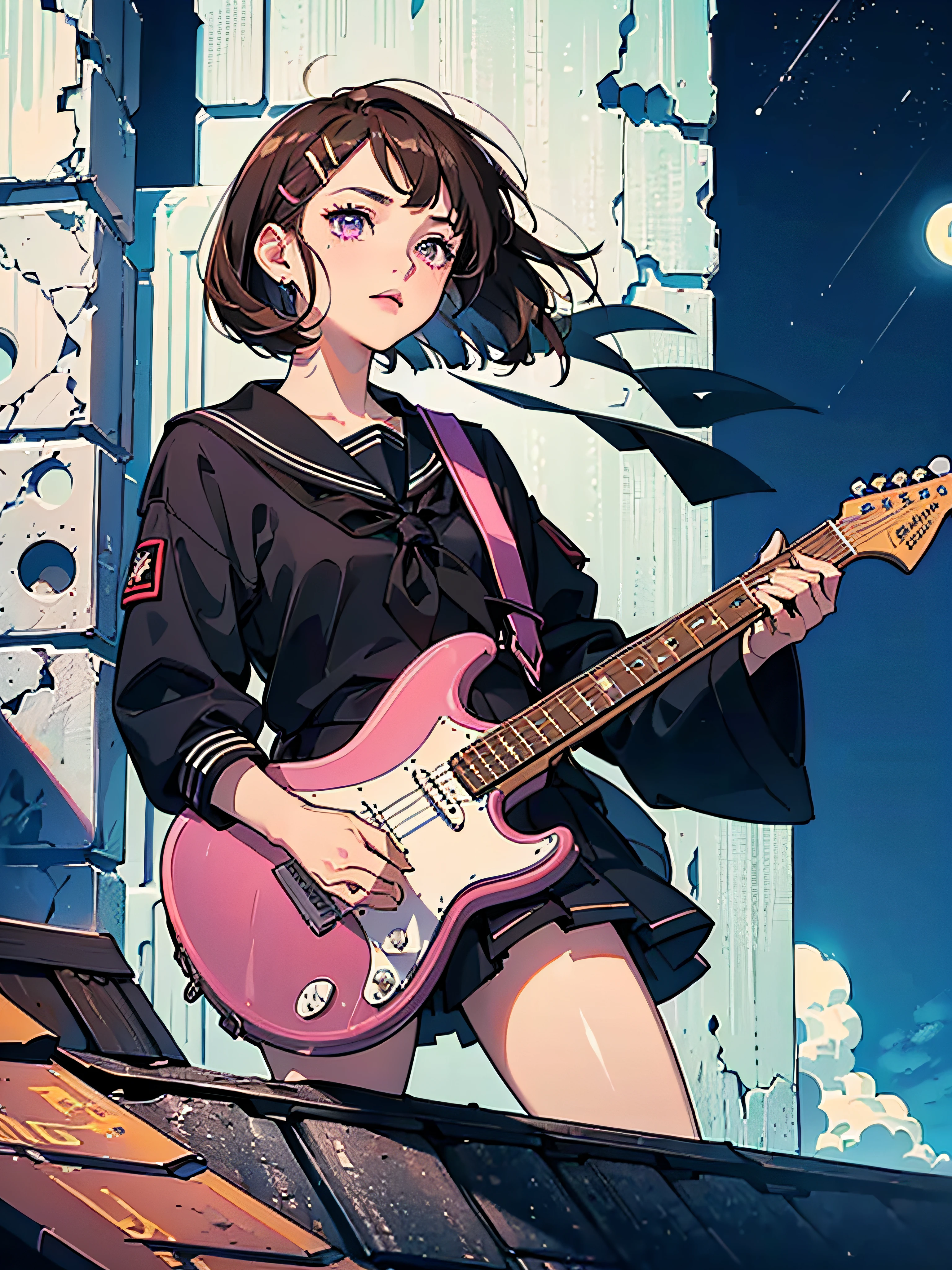 ((((Sharp focus,Vaporwave,staring,))))((electric guitar,playing guitar,))(Masterpiece illustration,Beautiful and aesthetic:1.2,aim to viewers,from below), Best quality,Top quality, Epic quality,((((rooftop,outdoor,))))(shooting stars,moonlight,moon glare, god light,))Neat face,underage,Young,Beautiful detailed hair,brown hair,hyper HD, retinas, Textured skin, A high resolution, 16k ,((hairclip,bobcut,short hair,Large bow on hair)),Detailed face, 1JK, 1girl,Solo, Perfect face, Very amazing girl,(black sailor uniform,White sailor tie at front),rim-light,((rock and roll))