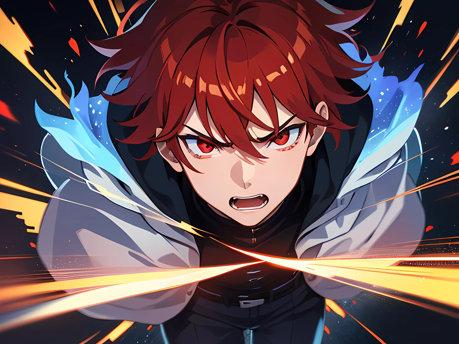 (ultra-detailed, full body illustration, perfect pixel, highres, best quality, beautiful eyes finely detailed), (full body:0.8), 19 years old boy, have power like demon god in manhwa, full of demonic aura, angry facial expression, red eye color (glowing red eyes), blue hair (half of his hair covered with blue flame), with aristocrat style outfit, elegant, detective, realistic fire, the background is full of magical particles and realistic blue fire. lens flare, glowing light, reflection light, motion blur, 8k, super detail, accurate, best quality, Ray tracing.