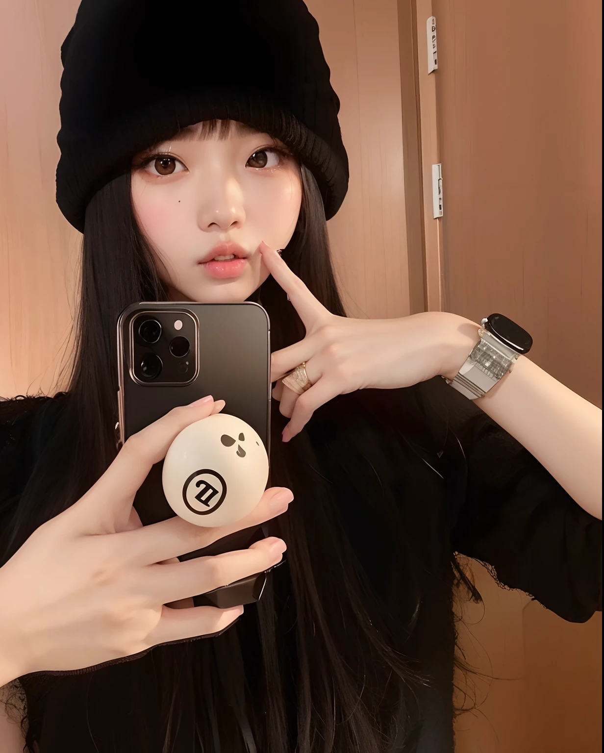 Mulher que tira uma selfie com o celular no espelho, Ulzzang, Ela tem cabelo preto com franja, cruel korean goth girl, Jinyoung Canela, foto de perfil, Lalisa Manobal, Heonhwa Choe, Lalisa Manoban do Blackpink, she is holding a smartphone, wan adorable korean face, jennie blackpink, ✨🕌🌙
