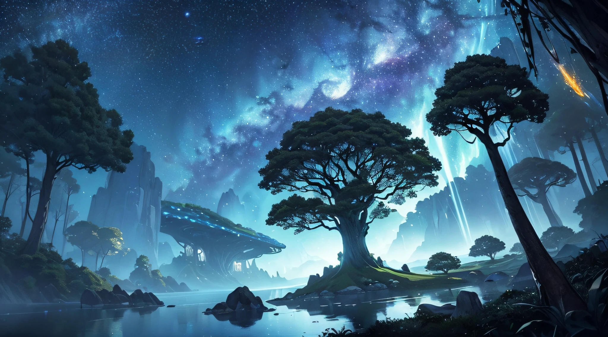 ​masterpiece、Background with((Fantastic starry sky、meteors、black hole、planetes))、Depth((Mysterious giant tree、Luminescent、There are many islands floating in the air around、Tree House、plants、))、Looking up