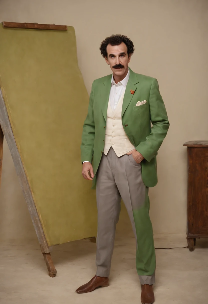 An image of Borat dressed as a painter, creating a vibrant masterpiece on a gigantic canvas.,original,His appearance is marked by a distinctive mustache, a suit of gray or brown, and often a bright green thong swimsuit. He exhibits a strong Kazakhstani accent, and his humor derives from his outrageous statements and actions, which often satirize society’s stereotypes and cultural norms. Despite his outlandish persona, the character is meant to challenge viewers by exposing prejudices and hypocrisies in a comedic way.