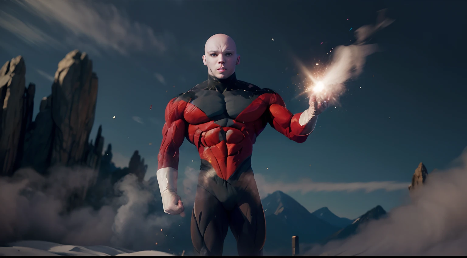 ((masterpiece, best quality)),(complex lighting),solo,1boy, full body, jiren,white gloves,bodysuit,muscular,bald light particles, dust particles,