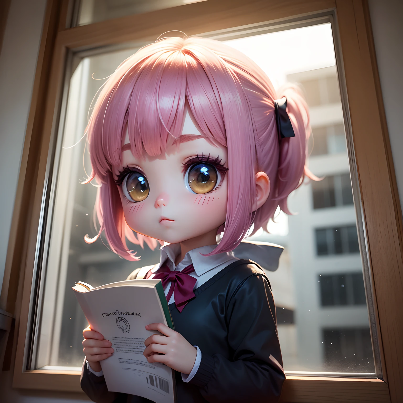 obra maestra、highest qualityr、Ultra-detallado、(Chibi Chara Daphne:1.2) vestido escolar integrar un libro ,luz solar brillante, mirando hacia la ventana
