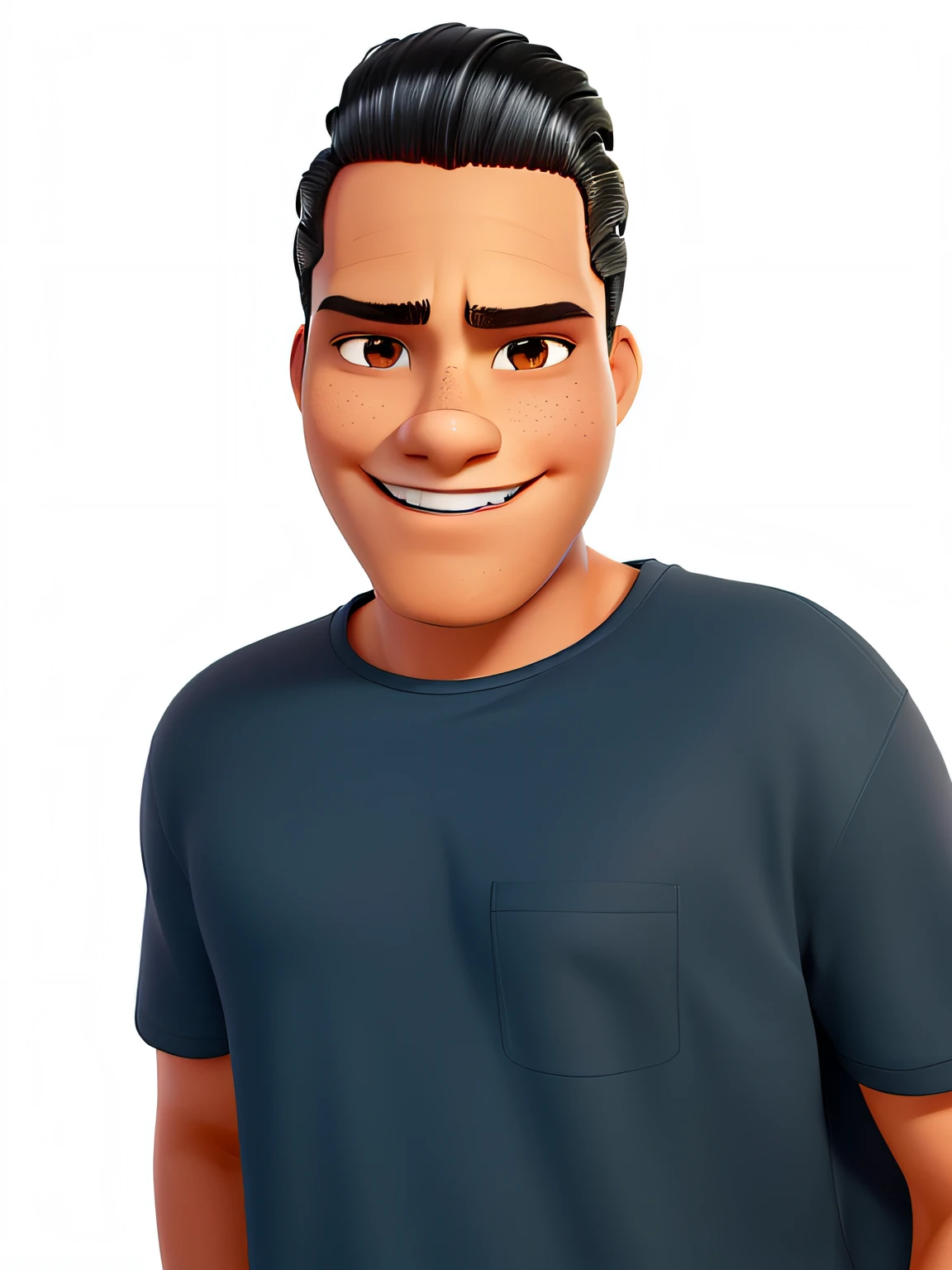 Um homem de camisa preta de 18 anos. He's got straight hair slicked back, cabelo preto, He is full, is working in his minimalist-style home studio and has a cheerful expression. with the title: kelvin o mais inportante pele negra