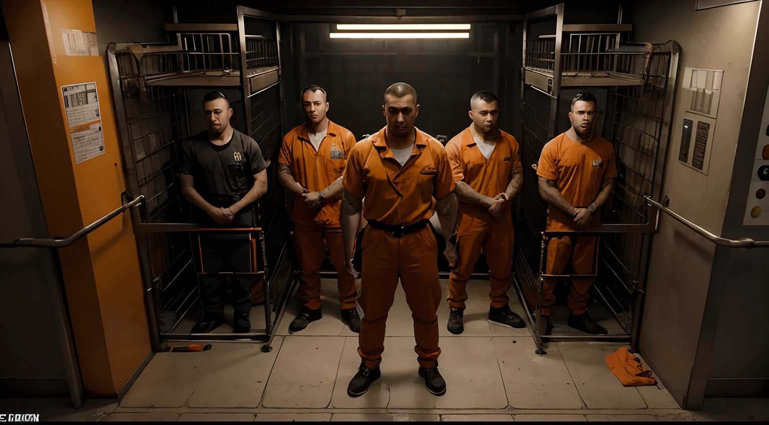 A group of male prisoners in orange prison uniforms, Iron bars, jail cell, City Jail, jail, Prisoners sticking their hands out of their cages, A prison guard is watching. Complex, A group of male prisoners are screaming, Trending Art Station, Trending Art Station, dystopian Art, CG Society 9, Cinematic CG Society, High Angle,