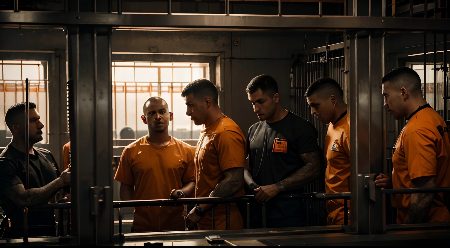 A group of male prisoners in orange prison uniforms, Iron bars, jail cell, City Jail, jail, Prisoners sticking their hands out of their cages, A prison guard is watching. Complex, A group of male prisoners are screaming, Trending Art Station, Trending Art Station, dystopian Art, CG Society 9, Cinematic CG Society, High Angle,