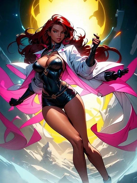 (masterpiece), (best quality:1.4), (perfect anatomy:1.4), high quality, expressive eyes, full body, detailed face, beautiful face, perfect face, 1 girl, breasts, cleavage, gloves, huge breasts, cyberpunk clothes, ultramarine jacket, very long hair, thigh length hair, ({dark skin}), dark-skinned female ,detailed ((red hair)), messy hair, green eyes, braid, gloves, jacket, hourglass physique, alluring outfit, shorts, dynamic lighting,