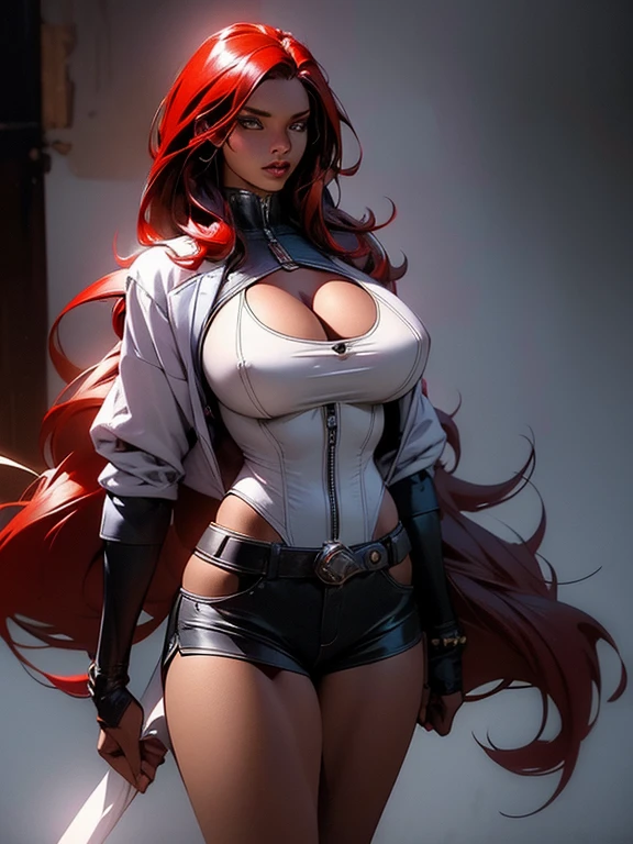 (masterpiece), (best quality:1.4), (perfect anatomy:1.4), high quality, expressive eyes, full body, detailed face, beautiful face, perfect face, 1 girl, breasts, cleavage, gloves, huge breasts, cyberpunk clothes, ultramarine jacket, very long hair, thigh length hair, ({dark skin}), dark-skinned female ,detailed ((red hair)), messy hair, green eyes, gloves, jacket, hourglass physique, alluring outfit, shorts, dynamic lighting,