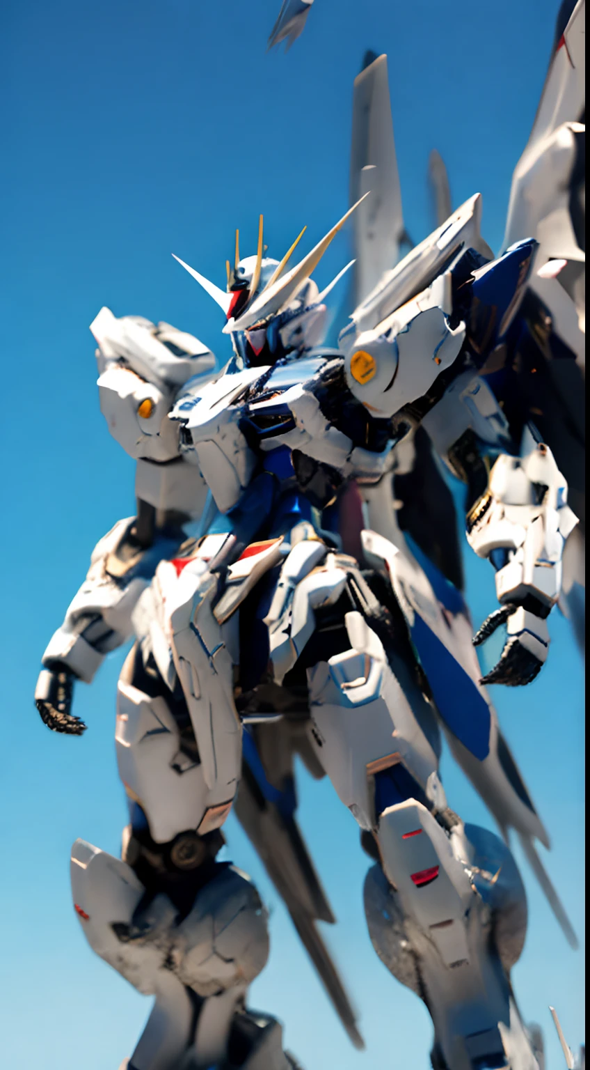 Gundam、Full body like、No back equipment、realisitic、Dual Eye、Facing the front、Lines of simple、White the&Silver Body、Chemical、realisticlying、Giant Robo、Blue Sky Background、flying over city、