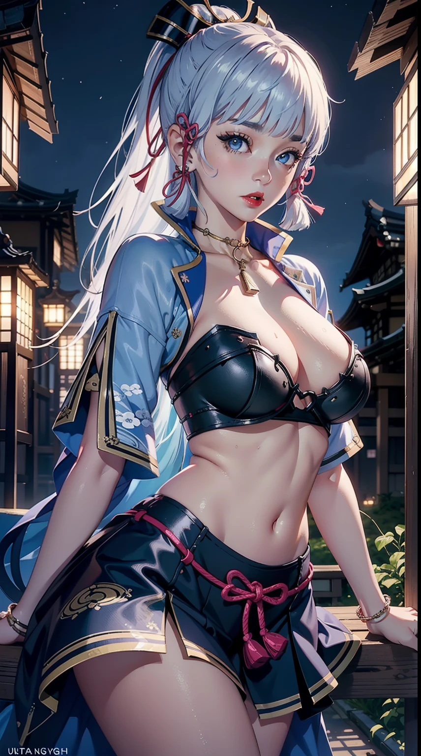 ((masterpiece)),(bestquality),((ultra-detailed)), ((beautiful detailed sky)), ((cinematic lighting)), depth of field, (dynamic angle),detailed lighting,(beautiful detailed eyes), ((japan night view)),red lip, eyeshadow,large breast, (erotic), ((sexy)), cleavage, navel, (kamisatoayakadef, kamisatoayakarnd)