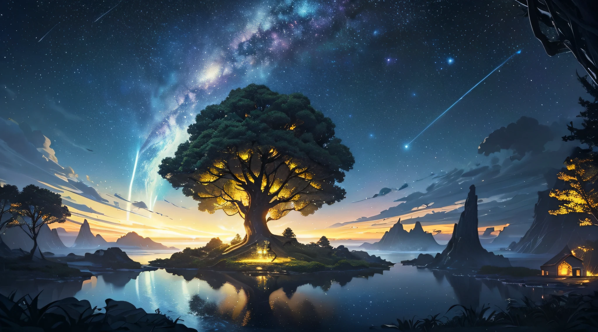 ​masterpiece、Background with((Fantastic starry sky、meteors、black hole、planetes))、Depth((Mysterious giant tree、It emits yellow light、There are islands floating in the sky around、Tree House、plants、))、Looking up