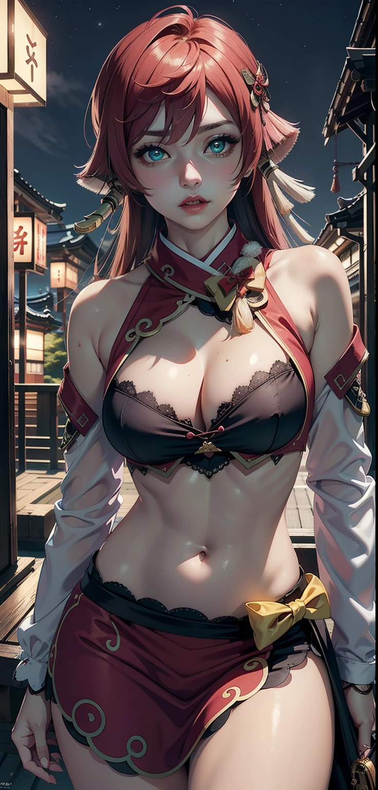 ((masterpiece)),(bestquality),((ultra-detailed)), ((beautiful detailed sky)), ((cinematic lighting)), depth of field, (dynamic angle),detailed lighting,(beautiful detailed eyes), ((japan night view)),red lip, eyeshadow,large breast, (erotic), ((sexy)), cleavage, navel, (yanfeidef, yanfeirnd)