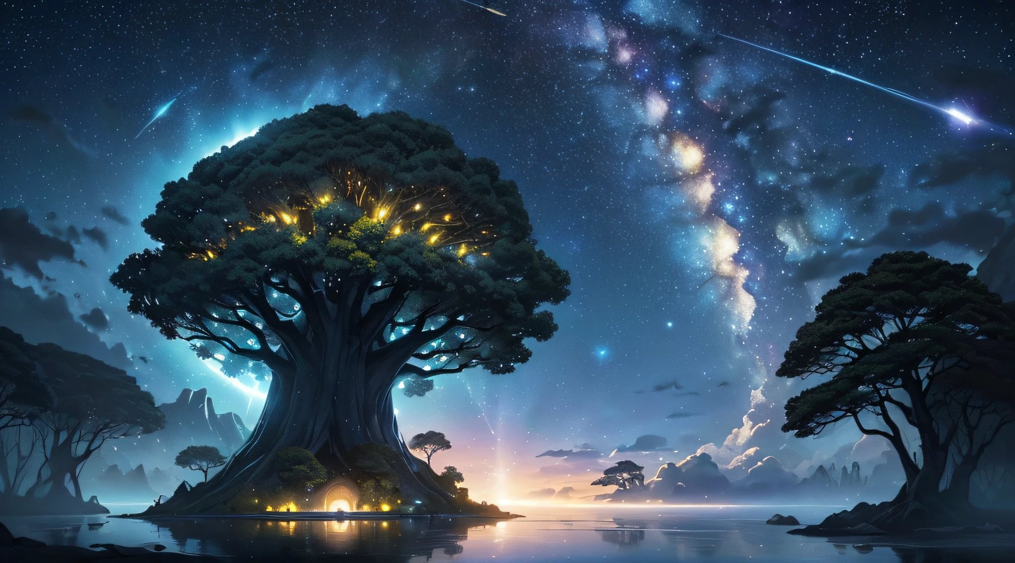 ​masterpiece、Background with((Fantastic starry sky、meteors、black hole、planetes))、Depth((Mysterious giant tree、It emits yellow light、There are islands floating in the sky around、Tree House、plants、))、Looking up