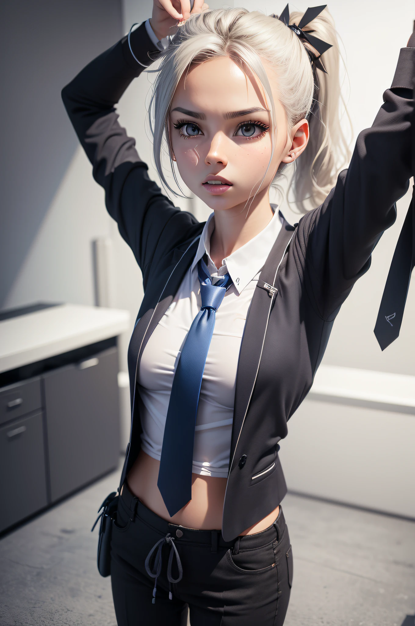 anime girl, fair skinned, petite, medium breasts, medium waist, wearing tight skirt and a suit with see-through white shirt and a black tie, 3/4th view, standing in the office.