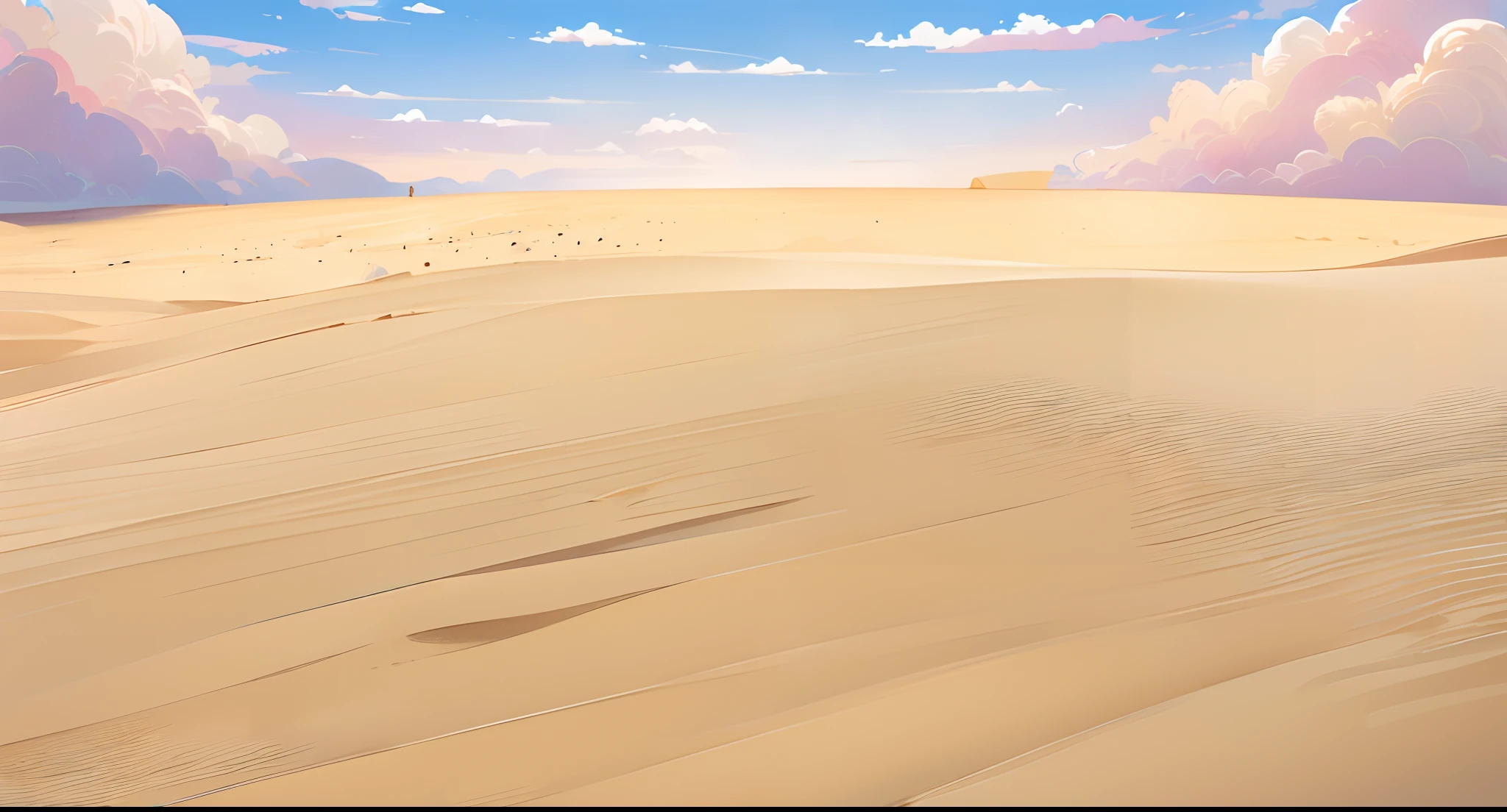 (anime style background, anime background illustration:1.3), (high quality, high resolution), (empty, flat:1.3), flat empty sand ground, blue sky with white clouds, desert landscape,