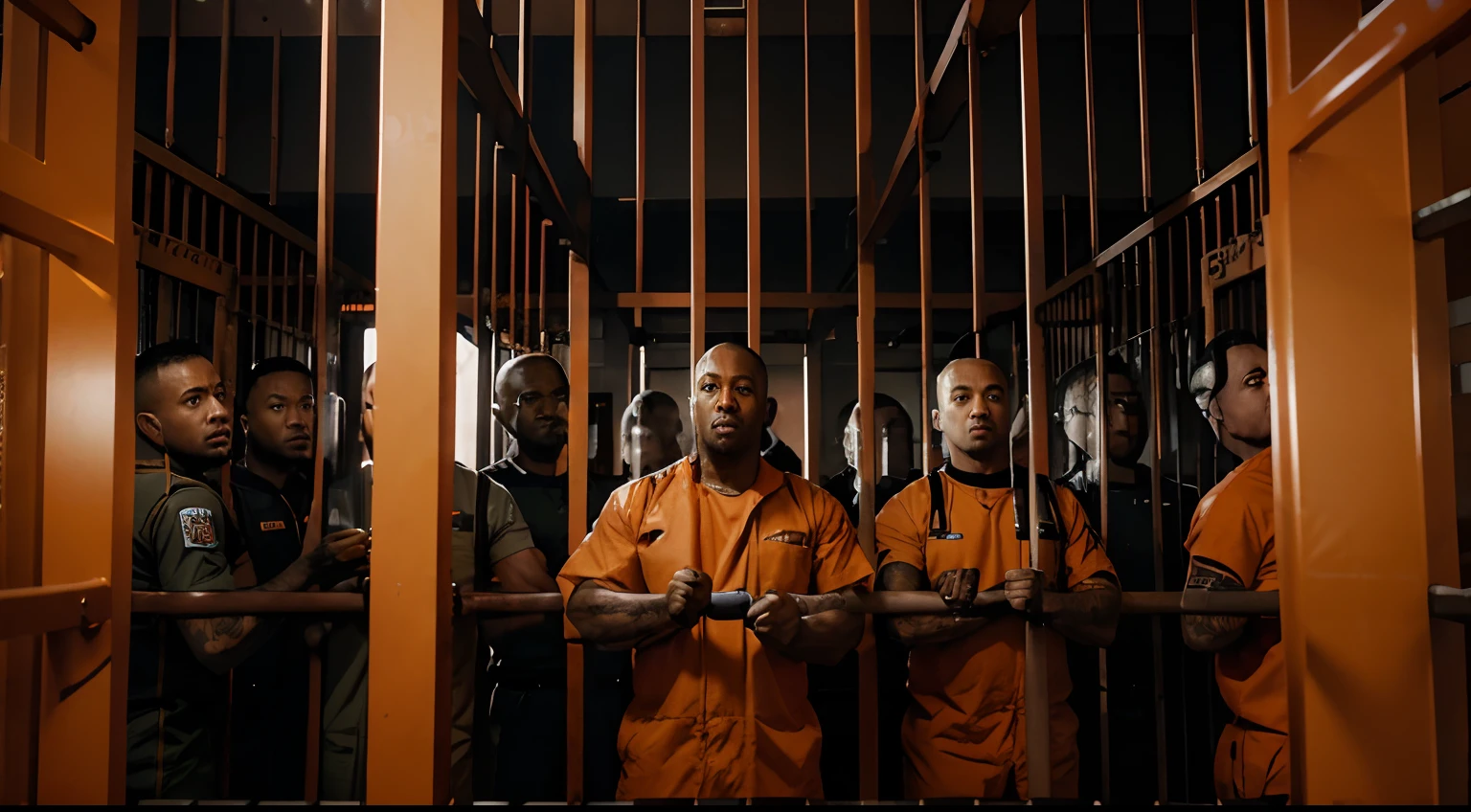 A group of male prisoners in orange prison uniforms, Iron bars, jail cell, City Jail, jail, Prisoners sticking their hands out of their cages, A prison guard is watching. Complex, A group of male prisoners are screaming, Trending Art Station, Trending Art Station, dystopian Art, CG Society 9, Cinematic CG Society