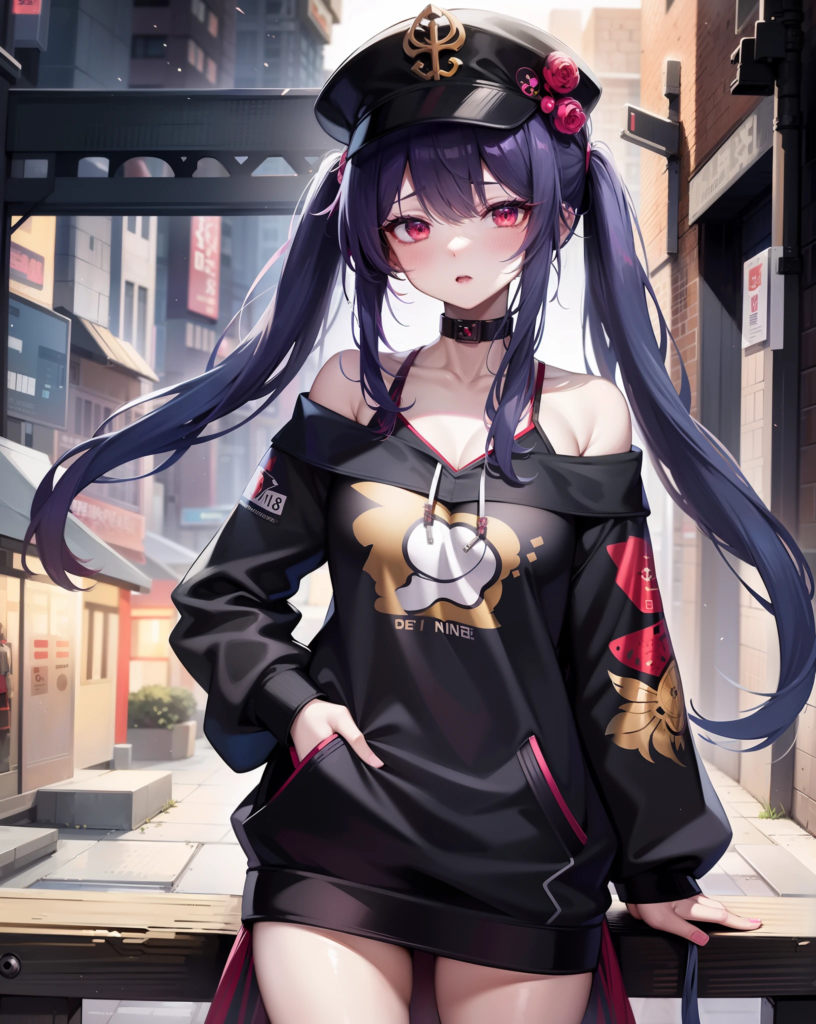 Anime girl with red hair and black top standing on the street, anime moe art style, anime style 4 k, cyberpunk anime girl in hoodie, best anime 4k konachan wallpaper, Anime style. 8K, Anime art wallpaper 8k, an anime girl, girls frontline style, Anime visuals of cute girls, Kantai Collection Style, (Anime Girl)