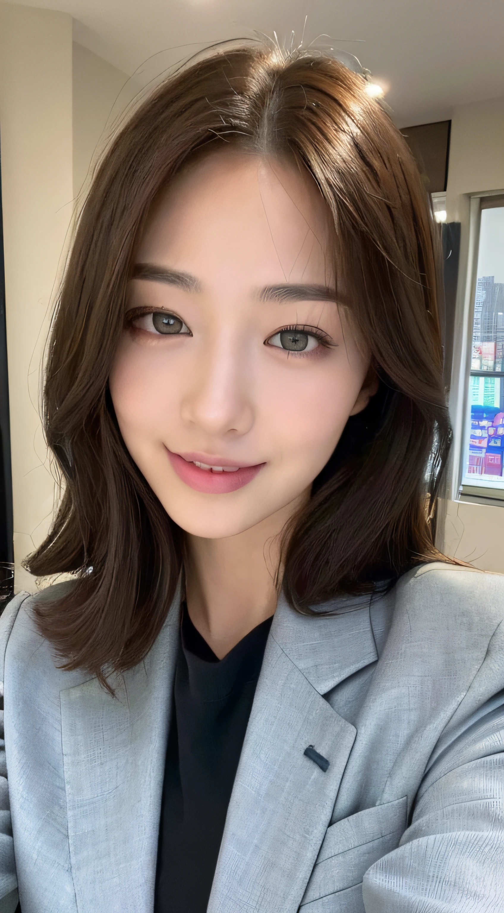 ((top-quality、8k、​masterpiece:1.3))、1girl in、a smile、full bodyesbian、Slim Faces、Pretty women、(dark brown  hair)、business jacket:1.1、hyperdetailed face、A detailed eye、二重まぶた、blured background、Slim Faces、High-level ranks、by the window