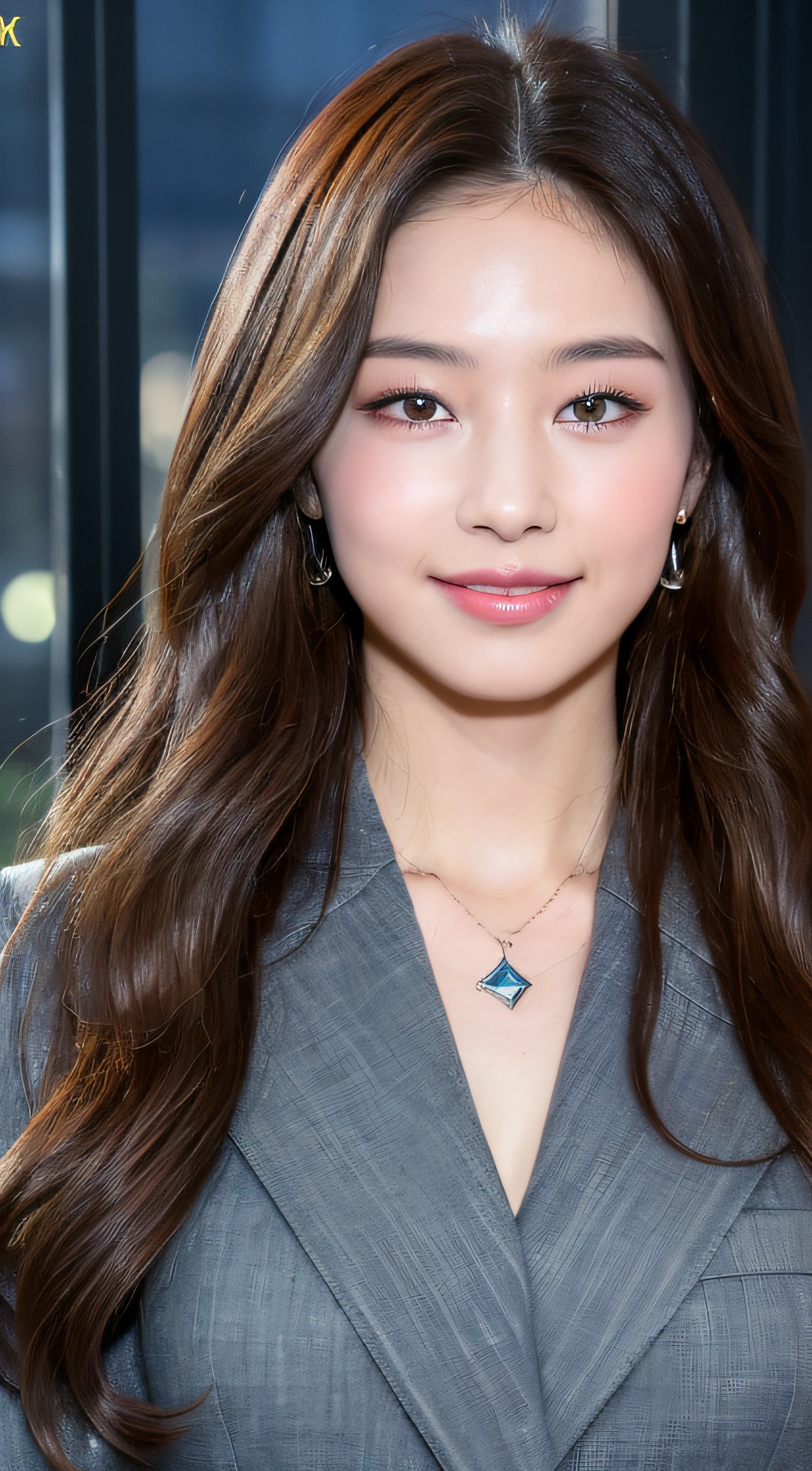 ((top-quality、8k、masterpiece:1.3))、1girl in、a smile、full bodyesbian、Slim Faces、Pretty women、(dark brown hair)、business jacket:1.1、hyperdetailed face、A detailed eye、二重まぶた、blured background、Slim Faces、High-level ranks、by the window