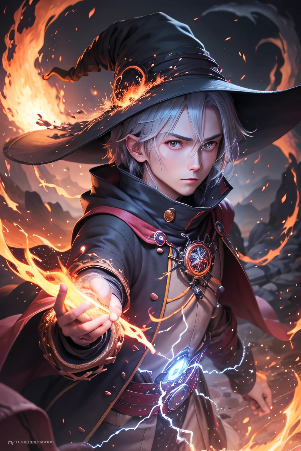 man, tachi-e, earth, focus on the ground, (dark mage), sorcerer, sorcerer's hat, used clothes, surrounded by fire, light particles, depth of field, (halation) disney style illustration --auto --s2