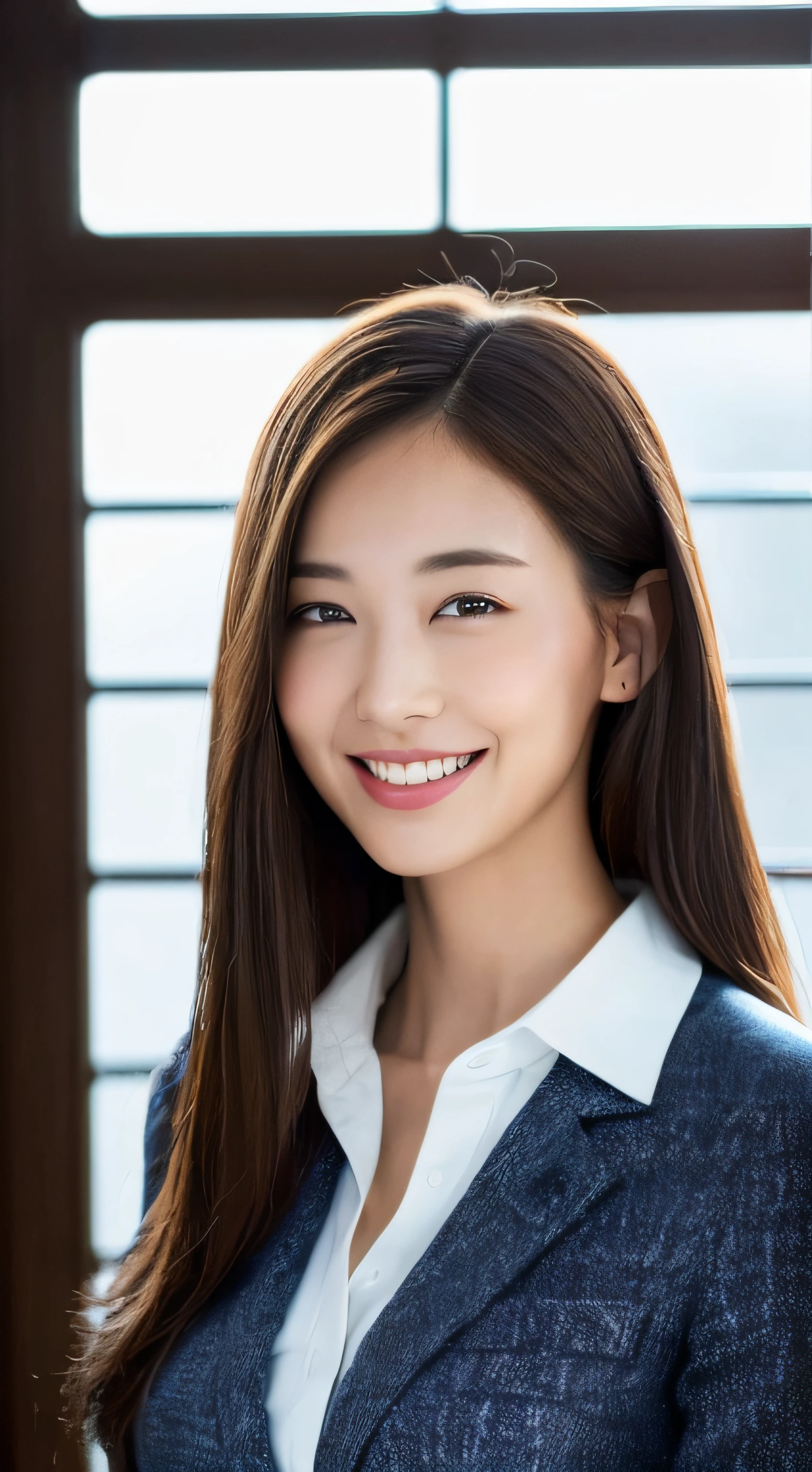 ((top-quality、8k、masterpiece:1.3))、1girl in、a smile、full bodyesbian、Slim Faces、Pretty women、(dark brown hair)、business jacket:1.1、hyperdetailed face、A detailed eye、二重まぶた、blured background、Slim Faces、High-level ranks、by the window