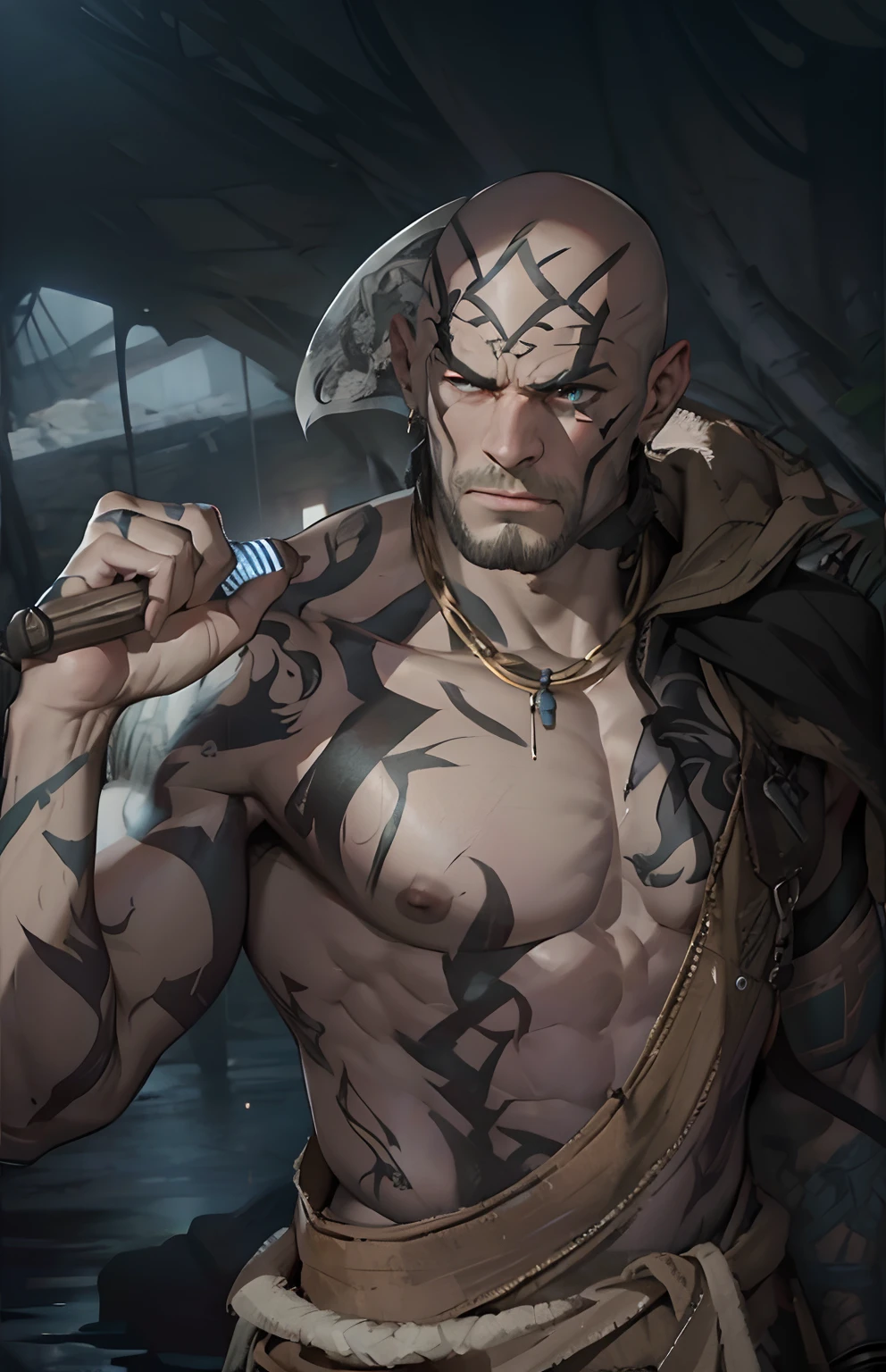 Men full of tattoos on their bodies, mercenary, ugly, Background with:Underground waterways, Dark, terrifying, bald head, perfect hand, masterpiece, High Quality, 4k, Full functionality, Perfect Shape