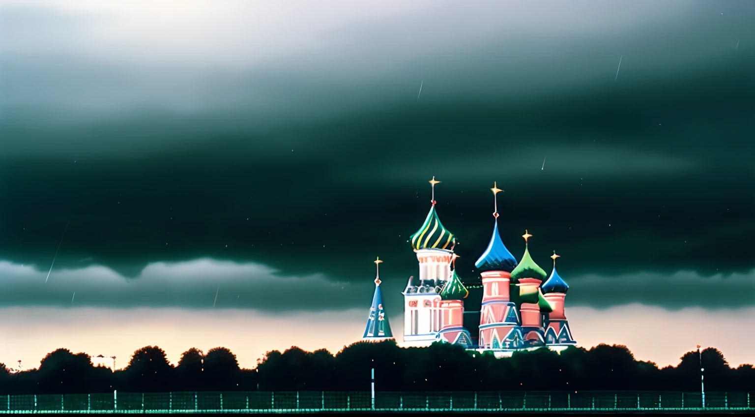 muted dark tones, Аниме 1990-х годов, Anime from the 1980s, brush strokes, Close-up of the Kremlin, Sateen, Rainy weather, gloomy atmosphere