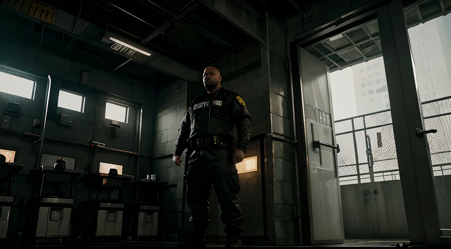 jail cell, City Jail, jail, prison guard, The guard has a serious look on his face, Trending Art Station, Trending Art Station, dystopian Art, CG Society 9, Cinematic CG Society, low angle,