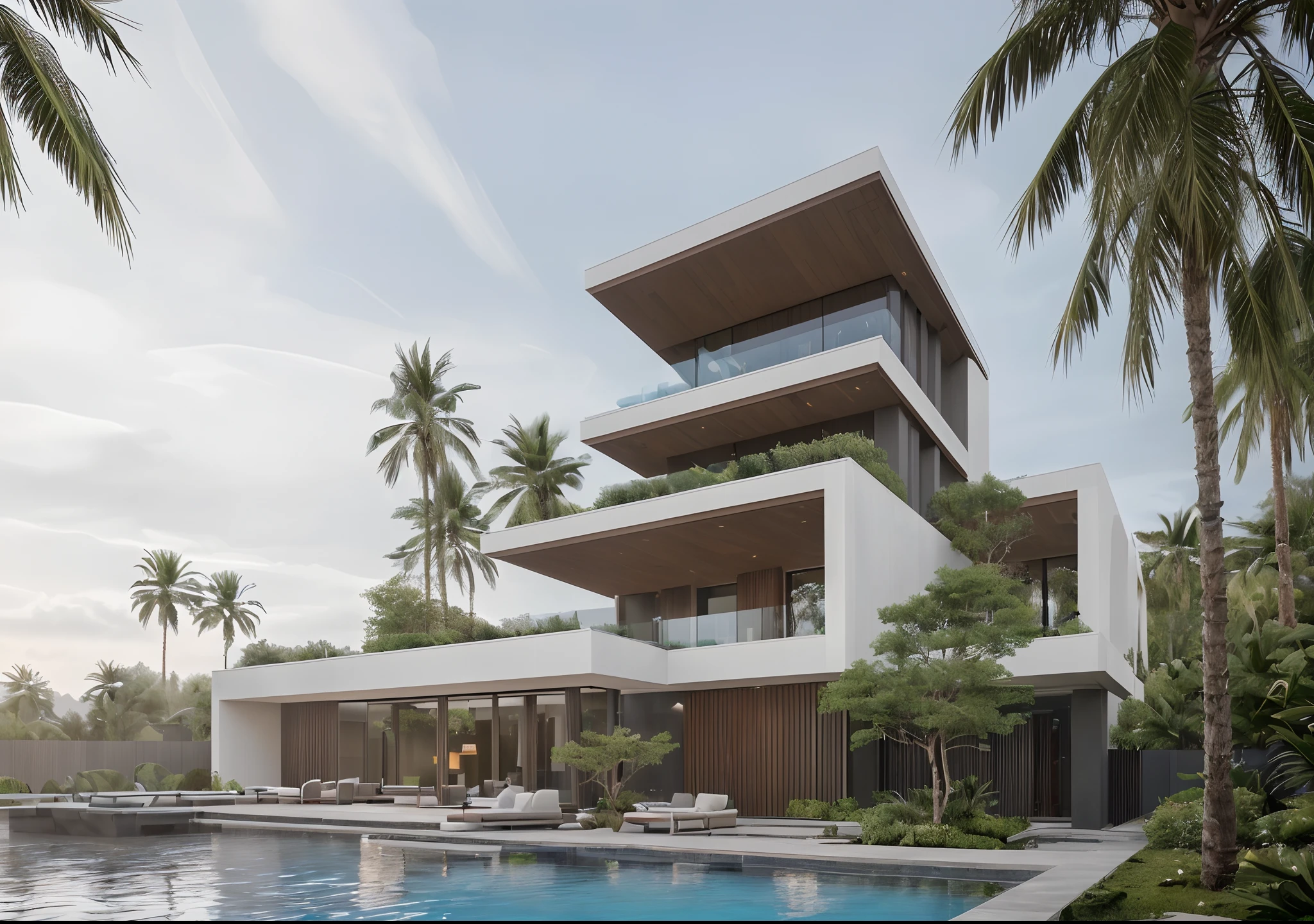 (masterpiece),(high quality), best quality, real,(realistic), super detailed,(full detail),(4k),8k,modern house exterior design,Modern architecture,rockandwood,((Red_wood)),Beautiful_sky,Day_light, no_humans, outdoors,sky,(Tropical_trees),Pool and Garden_flower_front_of_building,pool villa,