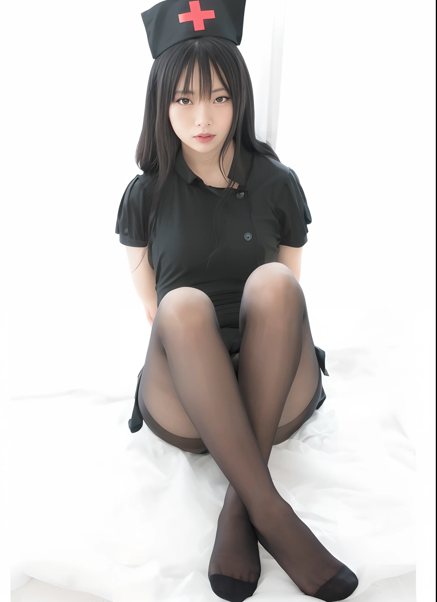 On the bed sat a woman wearing a nurse's hat and stockings, pretty face with arms and legs, Yoshitomo Nara, thighhighs and skirt, Realistic young gravure idol, sui ishida with black hair, chiho, With black, young pretty gravure idol, Young gravure idol, shikamimi, nylon tights