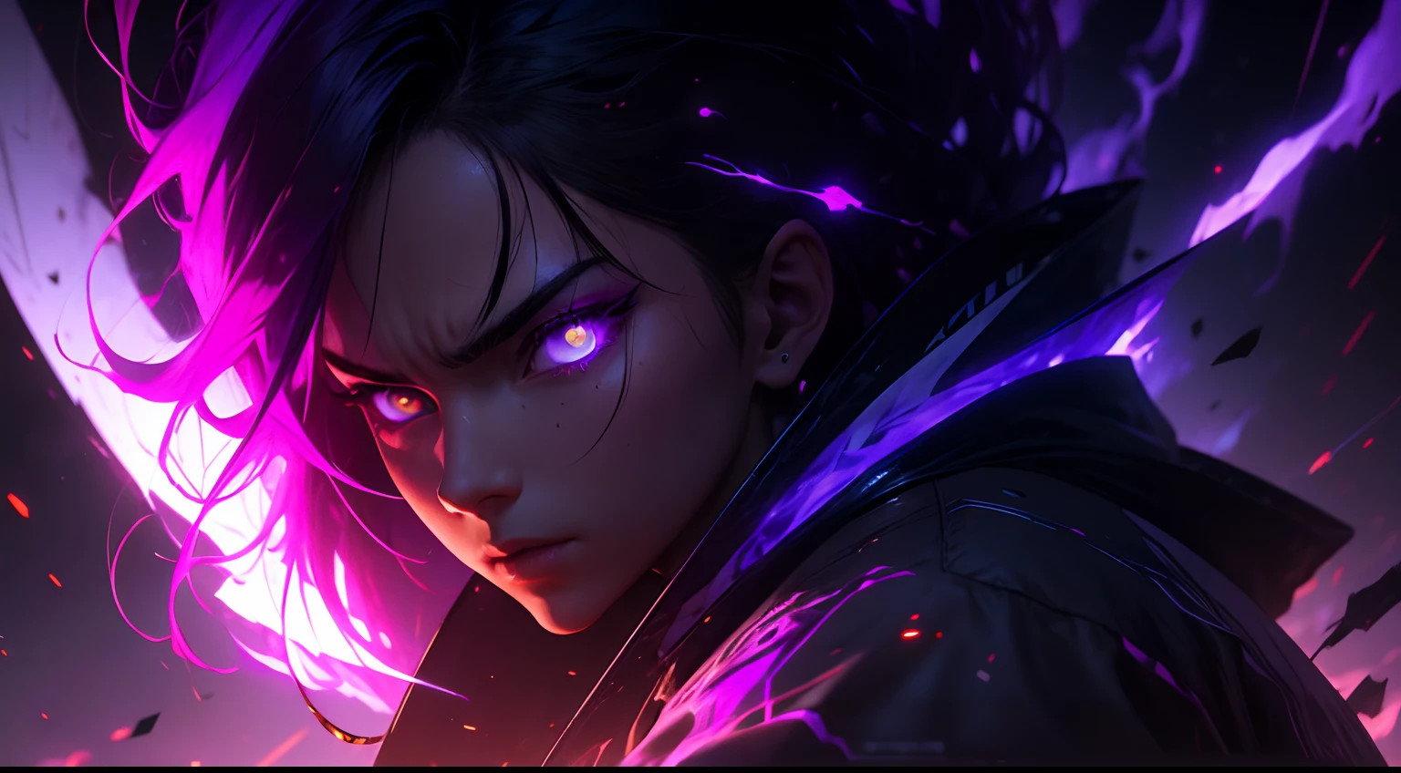 glowing, aura, energy, beam, flying debris, serious, angry, floating hair, violet theme:1.2, best quality, 4k, 8k, highres, masterpiece:1.2, ultra-detailed, realistic:1.37, HDR, UHD, studio lighting, ultra-fine painting, sharp focus, physically-based rendering, extreme detail description, professional, vivid colors, portraits, landscape, horror, anime, sci-fi, photography, concept artists, violet color scheme, intense lighting