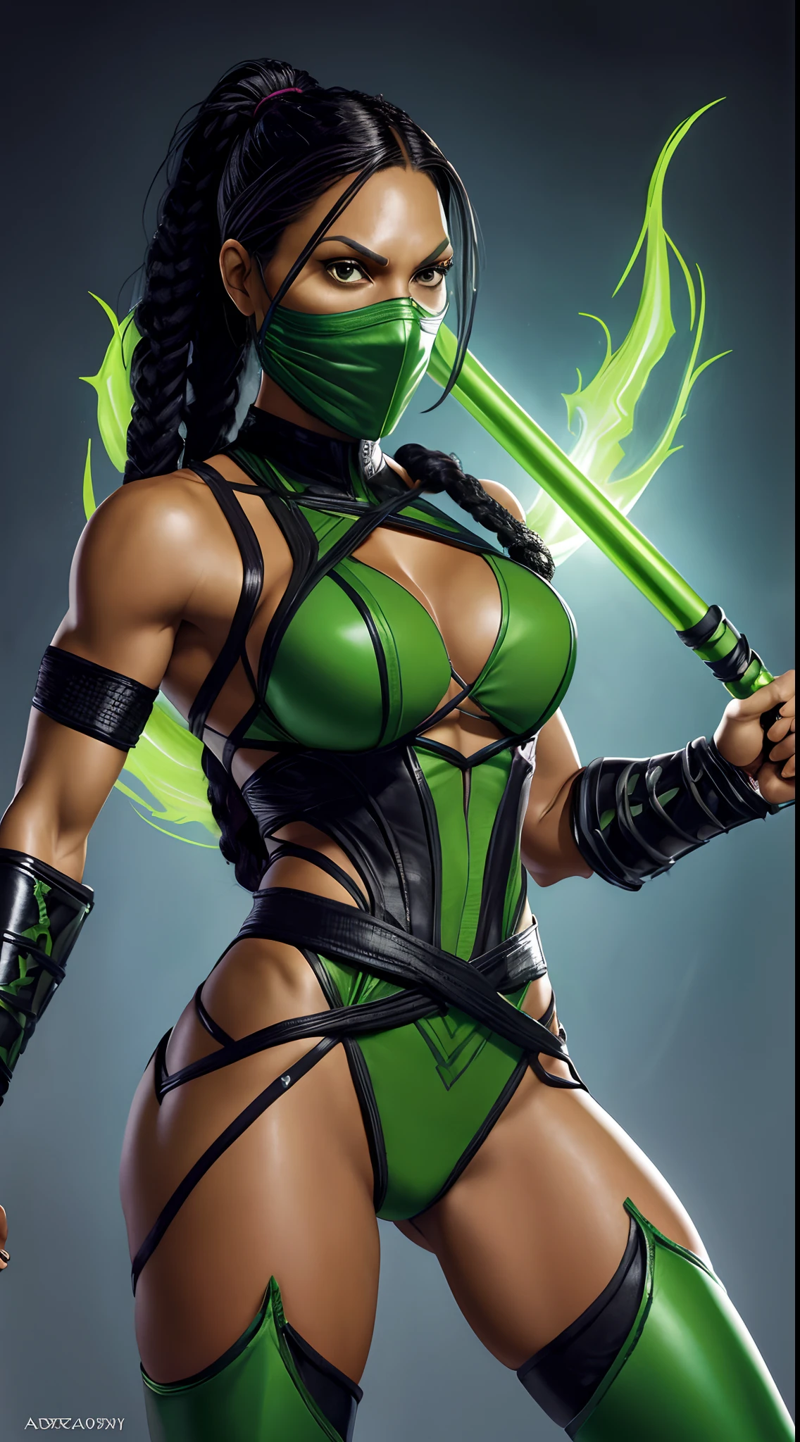 actess ((Rosario Dawson)) as Jademk11 from Mortal Kombat, sks woman, wields long staff, Bojutsu, green ninja mask that covers the lower half of her face, form-fitting green bodysuit, green stockings, high heels, black braiding braids ponytail, intricate, high detail, sharp focus, dramatic, photorealistic painting art by greg rutkowski