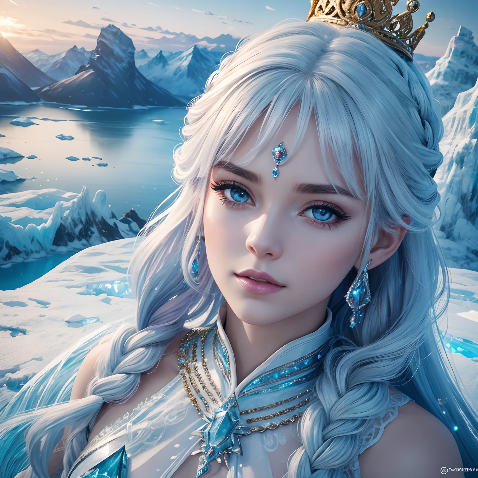 super high quality, (8k, RAW photo, realistic), land of Ice, unparalleled beauty princess, cute face, iridescent white braided bangs hair, crowns, jewelry, and accessories made of ice, wearing iridescent ice carved dress, background gorgeous temple of fire, (magnificent view:1.5), detailed and delicate depiction and flashy and dynamic painting method, dark fantasy, contrast of blue, gold and red