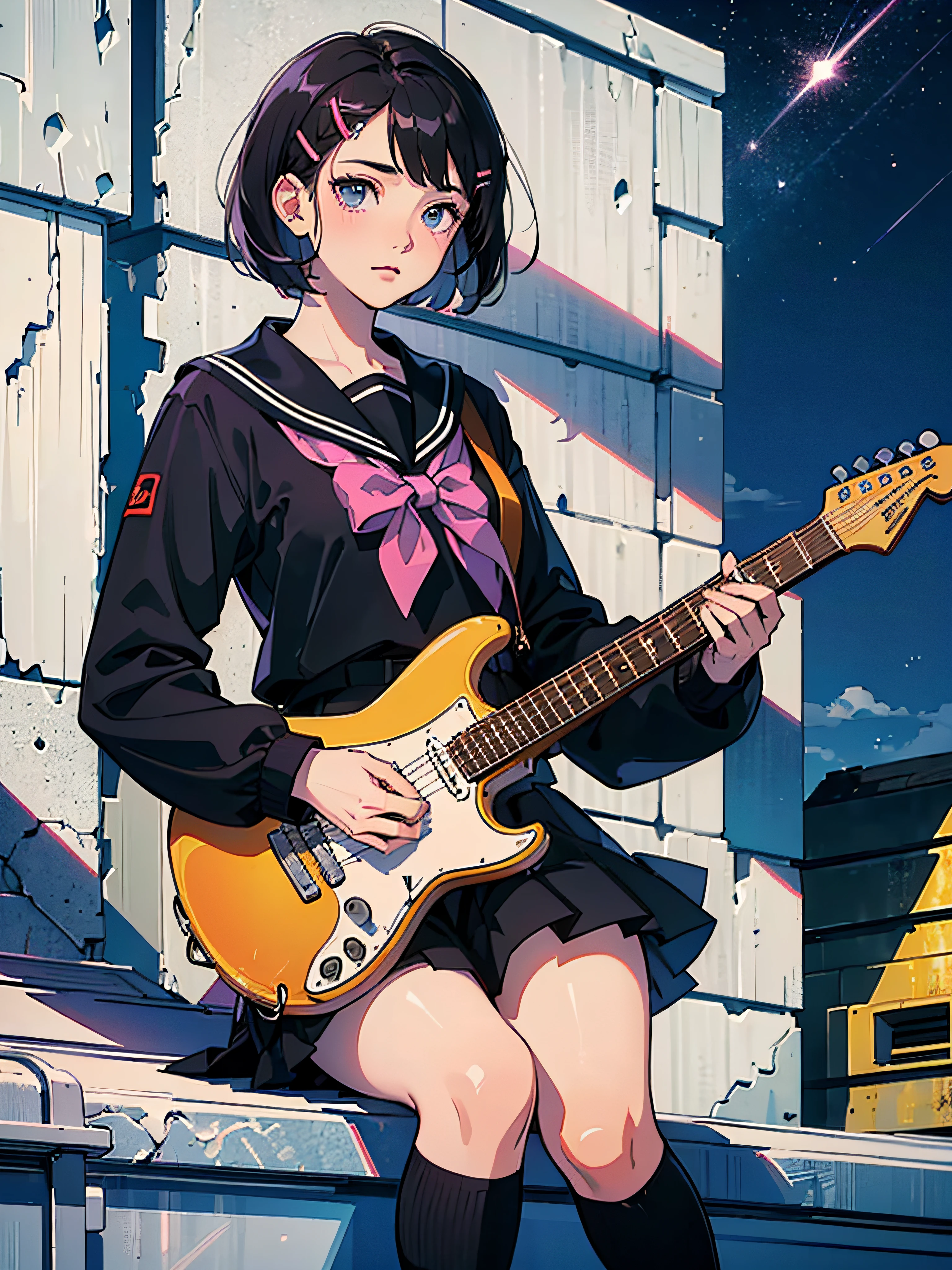 ((((Sharp focus,Vaporwave,staring,))))((electric guitar,playing guitar,))(Masterpiece illustration,Beautiful and aesthetic:1.2,aim to viewers,from below), Best quality,Top quality, Epic quality,((((rooftop,outdoor,))))(shooting stars,moonlight,moon glare, god light,))Neat face,underage,Young,Beautiful detailed hair,black hair streak red,hyper HD, retinas, Textured skin, A high resolution, 16k ,((hairclip,bobcut,short hair,Large bow on hair)),Detailed face, 1JK, 1girl,Solo, Perfect face, Very amazing girl,(black sailor uniform,White sailor tie at front),rim-light,((rock and roll))