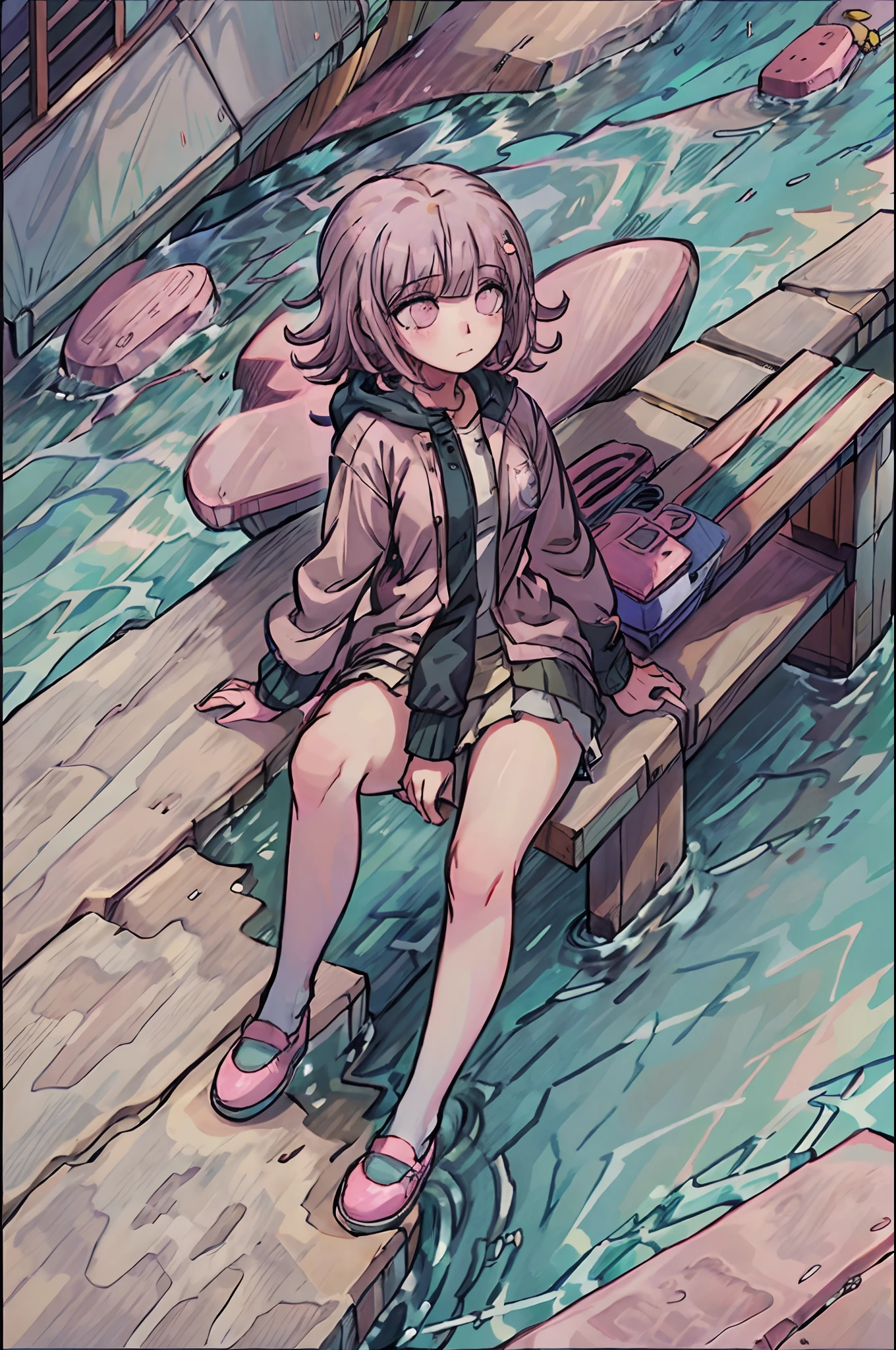 Chiaki nanami sitting on a park bench, looking to the horizon, pensative, lost in thought, daylight, beautiful park, pink short hair, pink eyes, bangs, teal hooded jacket, beige skirt, ehite neck shirt, hairpin, air particles, sitting, resting, 20 years old girl,Chiaki Nanami, Nanami Chiaki,pastel colors, kawaii, soft smile
