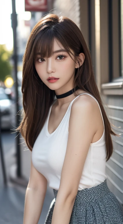 (Best Quality, 8K, masutepiece, Ultra HD: 1.3), 1girl in, mideum breasts, light brown hair, Blunt bangs, hair behind ear, hair over shoulder, Long hair, slender body shape, Ultra Fine Face, Delicate lips, Beautiful eyes, Double eyelids, lipsticks,Facial expressions inviting a man, Ultra-thin hands, Ultra-fine fingers, shirt with collar, tight skirts , beauty legs ,street