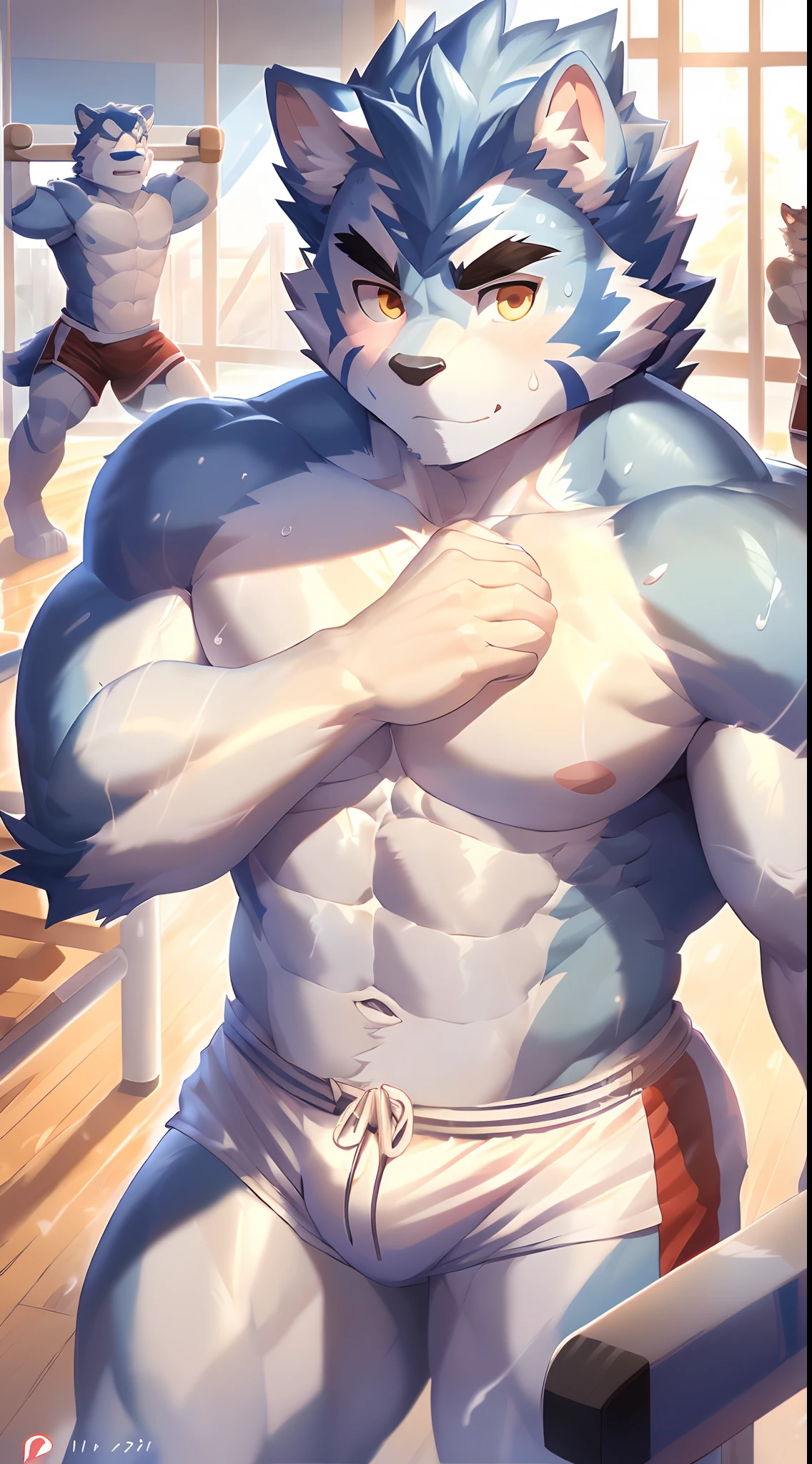 Hominidae, Pose for Camera. 4K, high resolution, Best quality, posted on e621, (Anthropomorphic blue wolf:1.2), male people, 20yr old, Thick eyebrows, Light blue fur, Ultra-short hair, shaggy, Strong body, large pecs, ((Shirtless)), He is practicing karate, Pink milk clusters, Golden pupils, sweat leggs, White skinny shorts, medium bulge, In the gym, 独奏, (sport, Muscular, Heavyweight:1.2), Correct anatomy, (by Chunie, author:Taran Fidler:0.8), (Detailed eyes:1.2), Sexy, (cel-shaded:1.2), cartoon shading, Serious expressions, Be red in the face, (view the viewer:1.2)