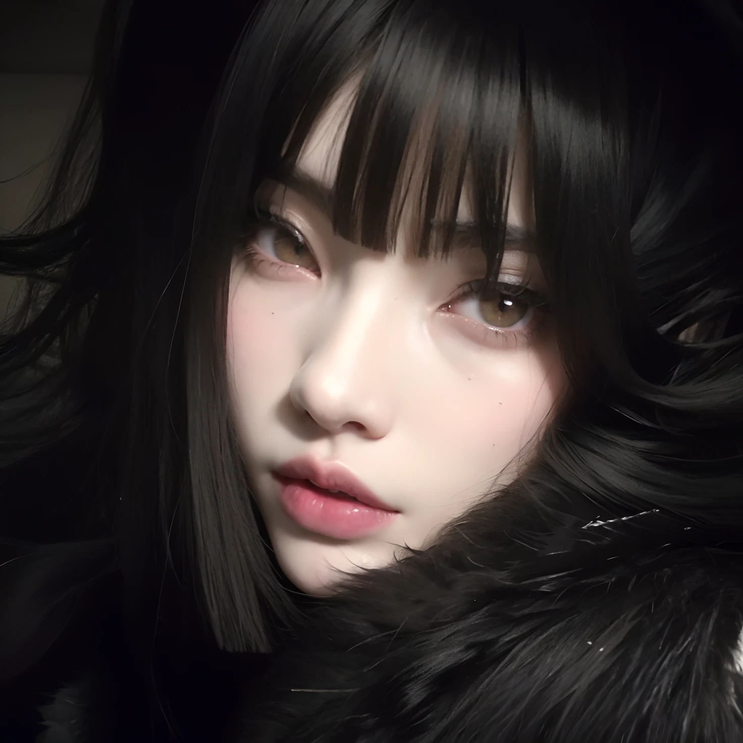 Arafed woman with black hair and a fur coat looking at the camera, cruel korean goth girl, pale goth beauty, 1 7 - year - old anime goth girl, pale white face, pelaje oscuro, Gothic girl face, cara linda. DarkFantasy, goth girl aesthetic, ulzzang, pale snow white skin, pale porcelain white skin, Shikamimi