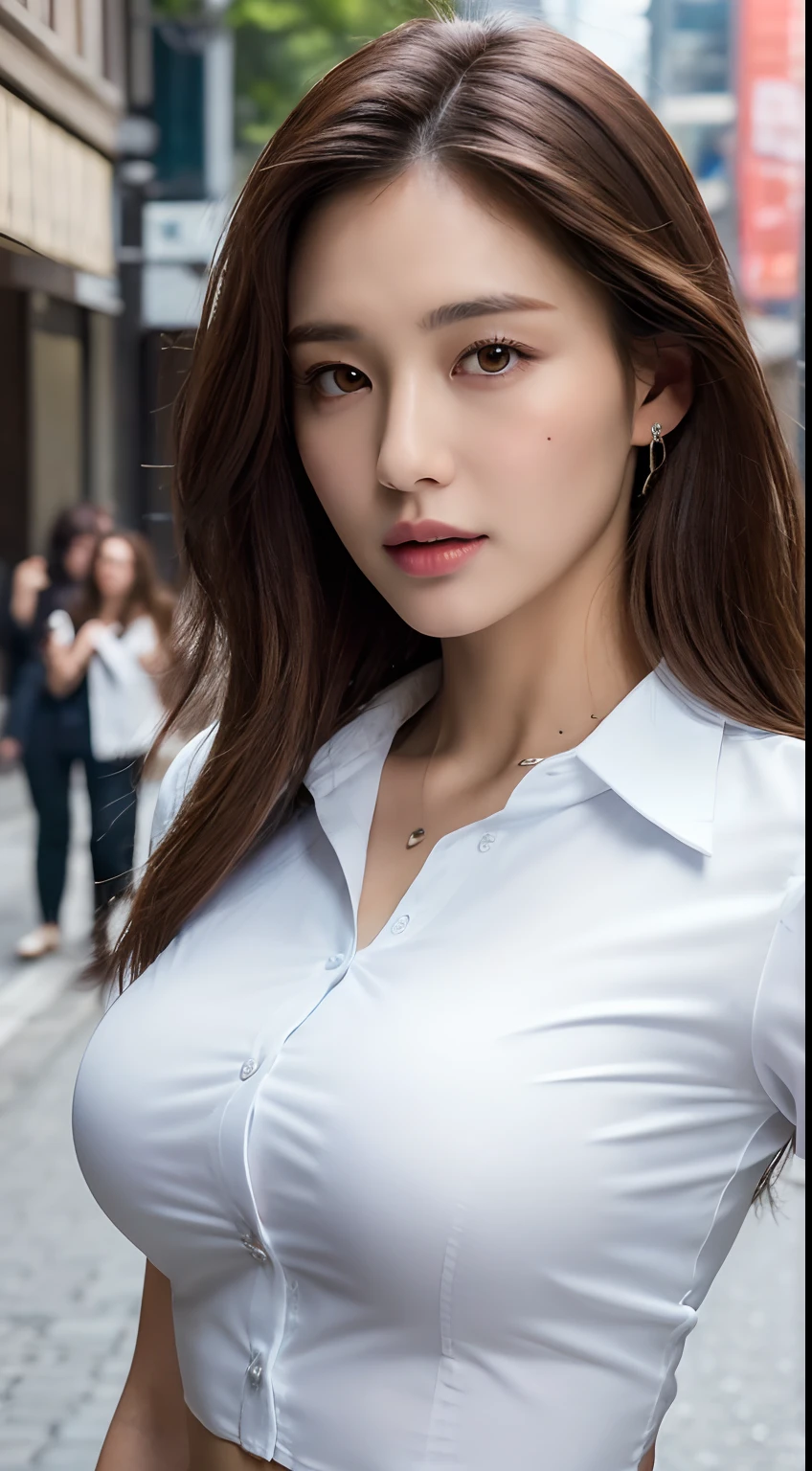 ((Best quality, 8k, Masterpiece :1.3)), Sharp focus :1.2, A pretty woman with perfect figure :1.4, Slender abs :1.2, ((Dark brown hair, Big breasts :1.2)), (White button up long shirt :1.1), City street:1.2, Highly detailed face and skin texture, Detailed eyes, Double eyelid