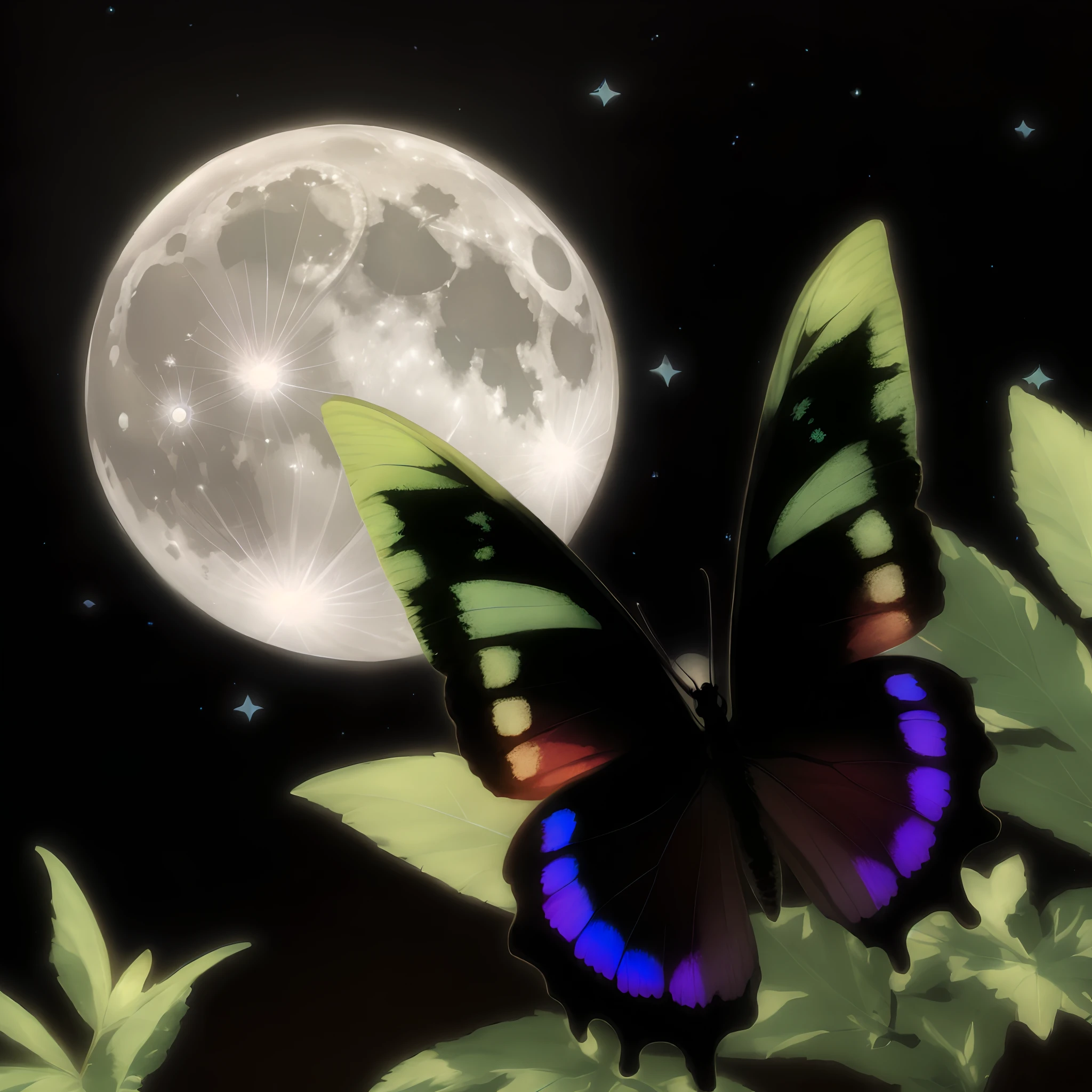 Butterflies with blue wings and full moon in background, Moon, harmony of butterfly, Butterfly, Twilight ; Digital painting, beautiful as the moon, Night!, calm evening. Digital illustration, nighttime moonlit, In the moonlight, Moonlight, night scene, made with anime painter studio, author:Ikuo Hirayama, Glowing butterflies, moonray render, butterfly lighting