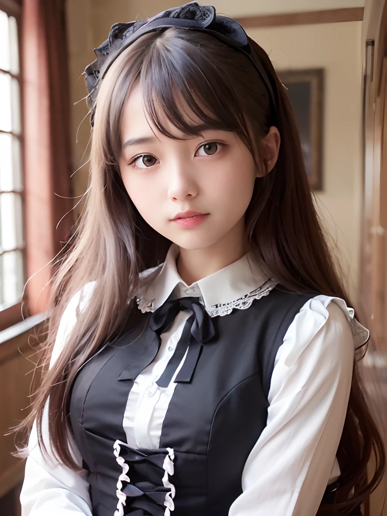 (realisitic、Photorealsitic:1.37)、unbelievable Ridiculous、(insanely detaileda:1.3)、8K、(​masterpiece)、(top-quality:1.4)、(超A high resolution:1.2)、(RAW Photography:1.2)、Ultra detailed backgrounds、(Unity 8k壁纸)、Nogizaka Musume 1、utterly cute、a beauty girl、15yo student、(Gothic Lolita Fashion)、an exquisitely detailed and beautiful face and eyes and skin、Detailed black shiny hair、elegant frills、frilled tie、Ribbon Ties、 rose hair accessories、Delicate lace、soft fabric、（（（Beautiful rose pattern dress）））、Smile at the camera、cowboy  shot、castles scenery in europe、profetional lighting，sixteen years old