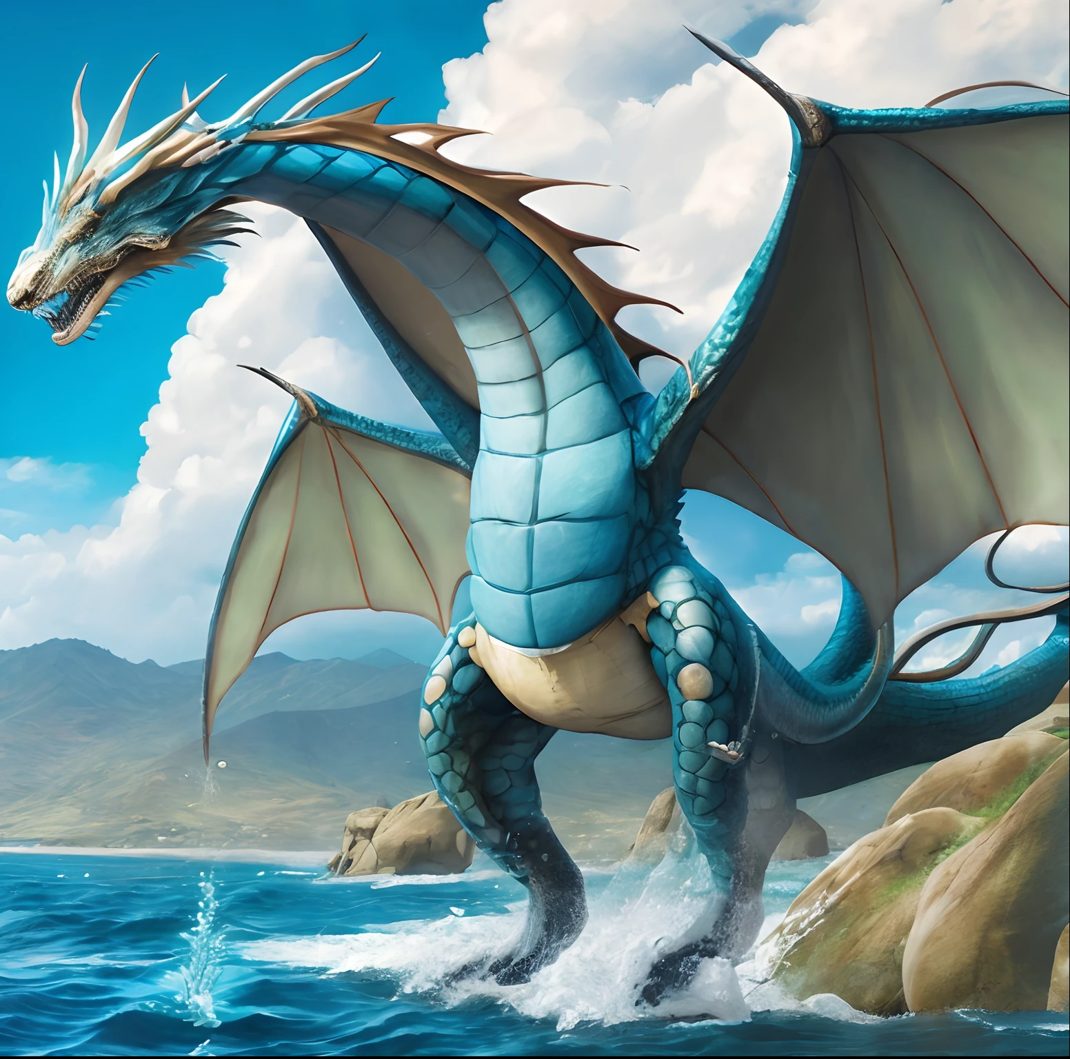 
Physical Appearance (Adult Form):

Build: The High Commander Dragon has a robust and muscular build, showcasing its strength and authority. Its body is covered in shimmering scales that blend sea blue and metallic hues, giving it a majestic and commanding presence. The dragon’s chest is broad and powerful, with defined muscles that ripple beneath its scales, indicating its immense physical strength. Its abdomen is equally muscular, with a series of ridges running down its belly, adding to its armored appearance.

Head: The dragon’s head is adorned with two prominent dark brown-yellow horns, adding to its fierce and authoritative look. Its eyes are sharp and piercing, reflecting its strategic mind and leadership qualities. The dragon’s snout is elongated, with nostrils that flare slightly when it breathes, and its mouth is filled with razor-sharp teeth that gleam menacingly. Its jawline is strong and defined, giving it a regal and commanding profile.

Fins and Tail: Large, powerful fins extend from its arms and back, emphasizing its aquatic nature. These fins are webbed and have a slight iridescent quality, catching the light in a mesmerizing display. Its tail is long and strong, with a fin-like structure at the end, aiding in swift and agile movements through water. The tail also has small, sharp spikes running along its length, adding to its formidable appearance. The base of the tail is thick and muscular, providing the dragon with powerful propulsion in water.

Scales: The scales are intricately patterned, with a mix of blue and metallic shades that catch the light beautifully, making the dragon appear almost regal. Each scale is edged with a fine line of silver, creating a shimmering effect as the dragon moves. The scales are also incredibly tough, providing excellent protection against attacks. Along its spine, the scales are slightly larger and more pronounced, forming a natural ridge that runs from the back of its head to the tip of its tail.
