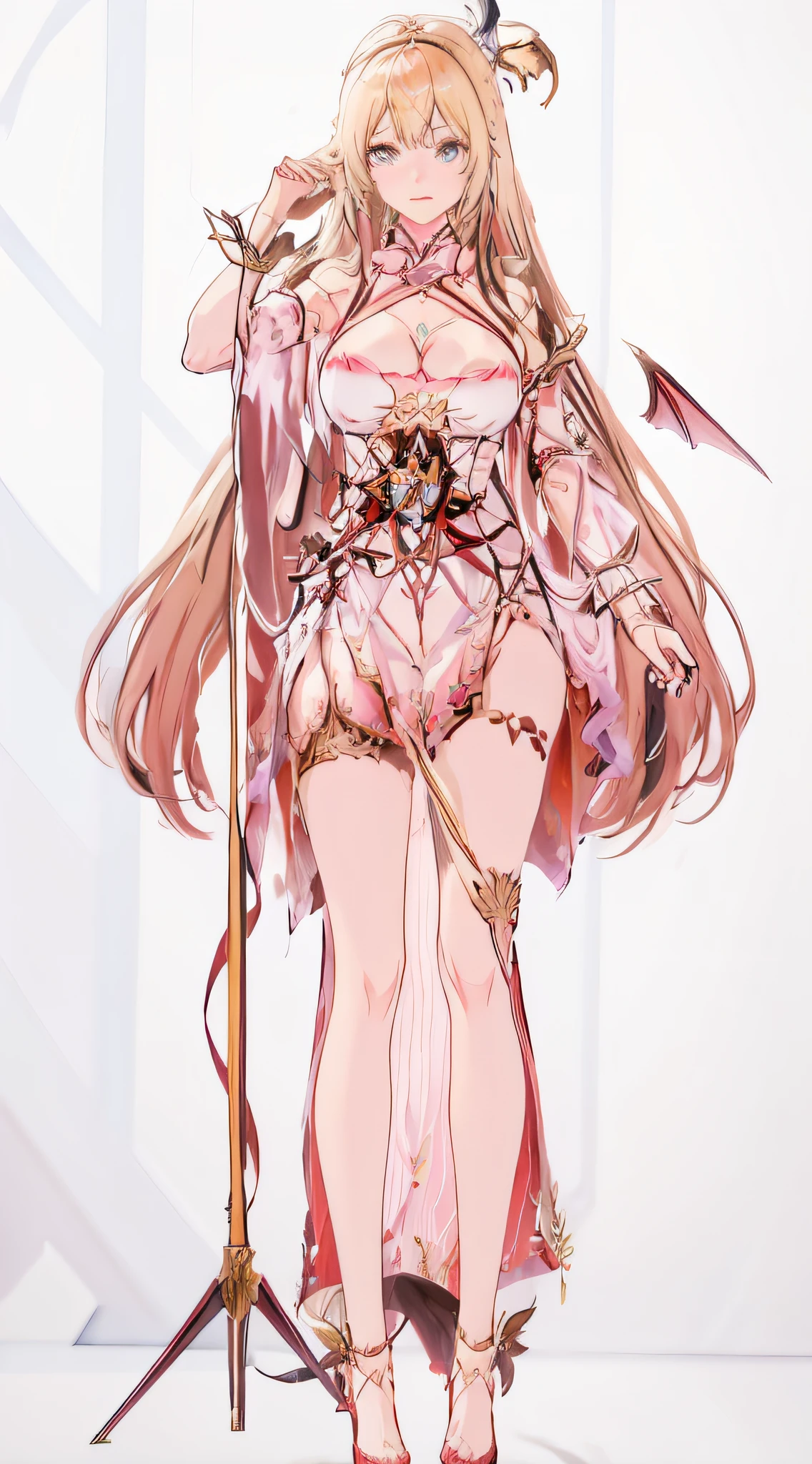 A woman in a costume,With wings and a sword in his hands,white backgrounid,white backgrounid,1个Giant Breast Girl,Bat wings,nedium breasts,cleavage,demon tail,Devil wings,hair adornments,banya,tightsuit,long whitr hair,long whitr hair,long leges,red eyes,upper legs,White leg suit,wings