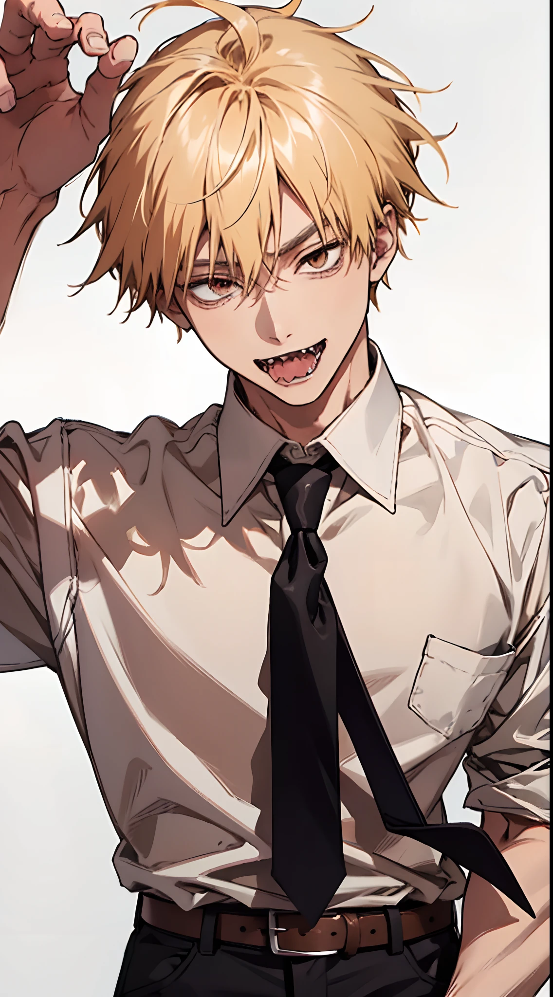 (masterpiece, best quality:1.2), cowboy shot, solo, male focus, looking at viewers,  1boy, denji, sharp teeth, blonde hair, evil smile, open mouth, sticking out tongue, 0pen, looking at viewer, blonde hair, brown eyes, white collared shirt, black necktie, sleeves rolled up, black pants, belt, (highest resolution, distinct_image)