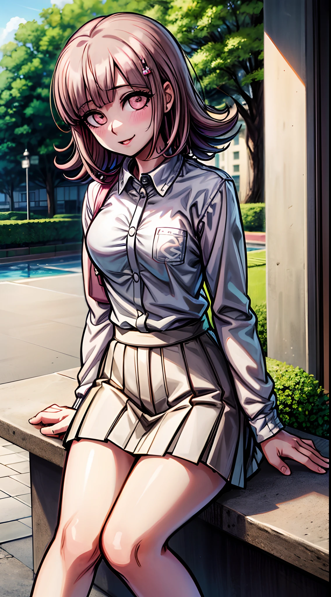 Chiaki nanami sentado en un banco del parque, Mirando al horizonte, pensativo, Estar absorto, Daylight, hermoso parque, Pelo corto rosa, ojos rosados, flequillo, Chaqueta con capucha verde azulado, Falda beige, Camisa con cuello de ehite, Horquilla, air particles, sentada, Descansando, 20 yrs old girl,Chiaki Nanami, Nanami Chiaki,Colores pastel, kawaii, sonrisa suave
