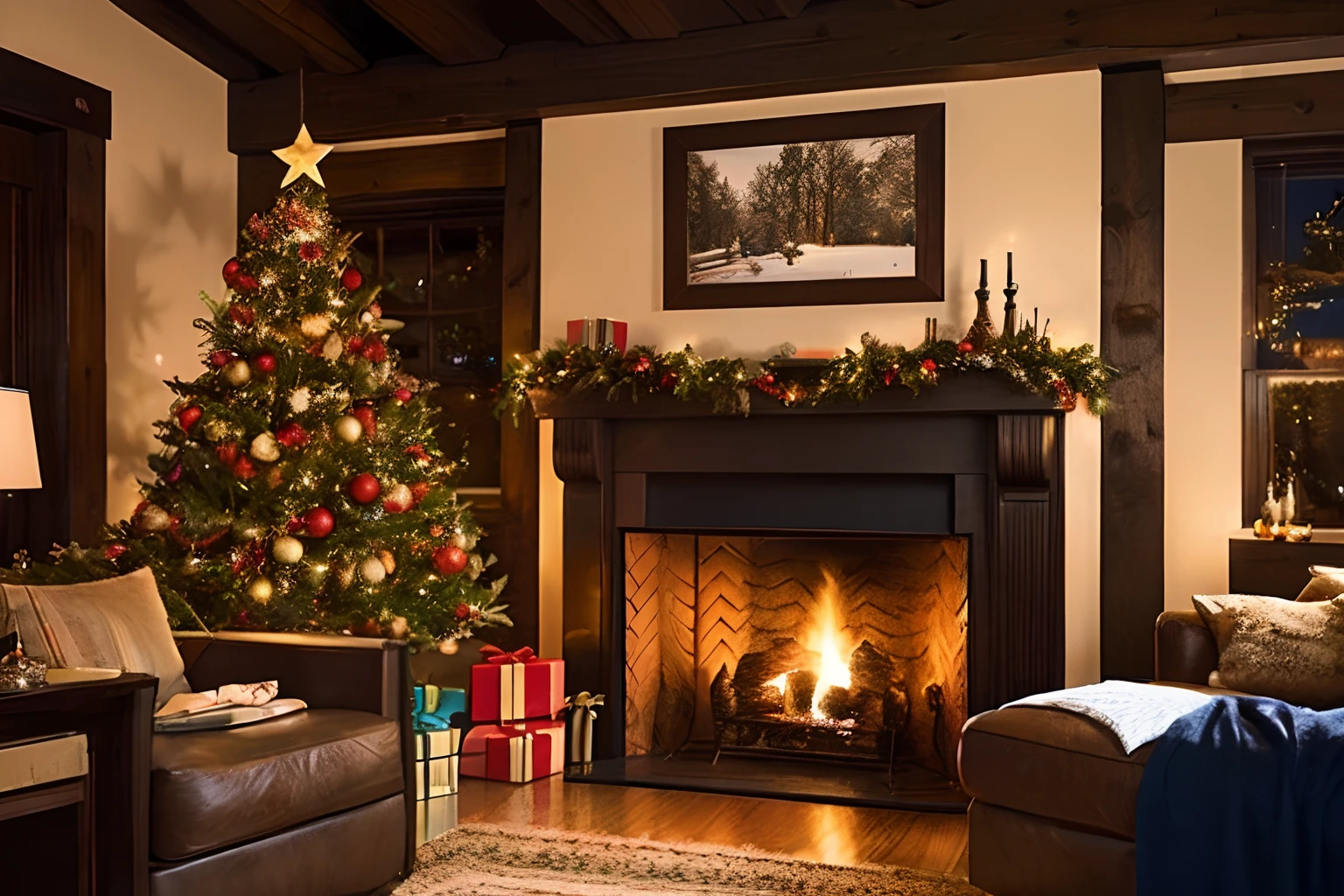 (amazing artwork), Best Quality, ultra high detail, Very detailed 8k wallpaper, The most beautiful illustrations. The focus is on the festive atmosphere, A place where Christmas decorations are scattered all over the cabin, cranny々Illuminate up to. I saw the fireplace burning.、You can see presents placed under the tree, however、There is also a sense of tranquility and peace in this scene.  Eta、Blue and red colors are a warm pop, Soft light. pure, Outside the house there are details of snow, Eta、The texture and pattern are outstanding.