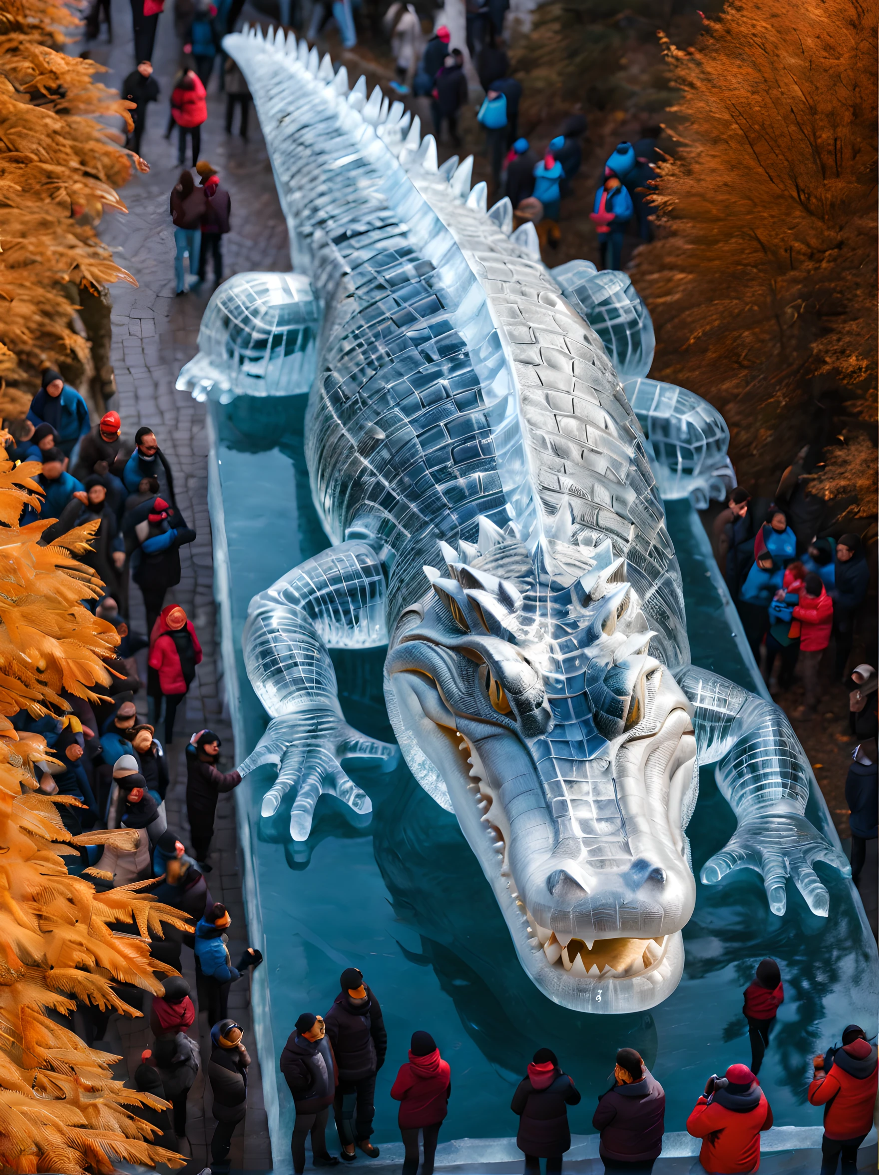 insanely detailed ice sculpture, shape of crocodile, in the center of mountain in autumn there is crowded people watching it