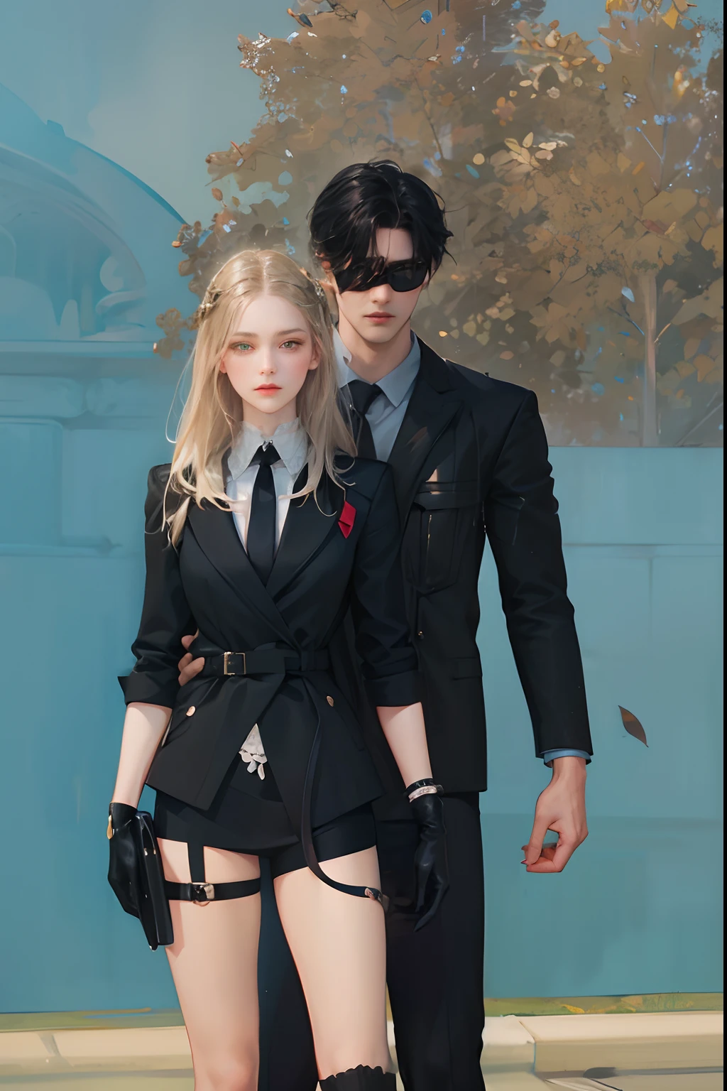 Couple, 1 girl 1 boy, different hair color, long black sleek hair with flat bangs and green eyes, short black hair and (yellow eyes) with soft beard, romance, romantic, height different, fantasy, detailed eyes, simple background
