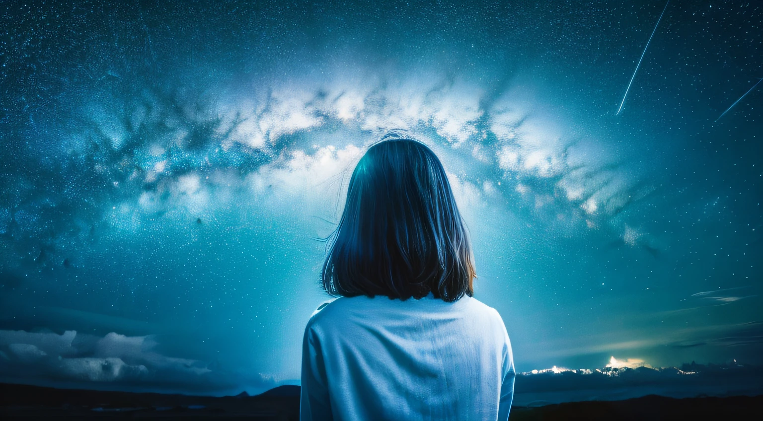 best qualtiy, tmasterpiece, 超A high resolution, realisticlying,Totoro,Fantastic iridescent starry sky,looking at the stars,wide angles